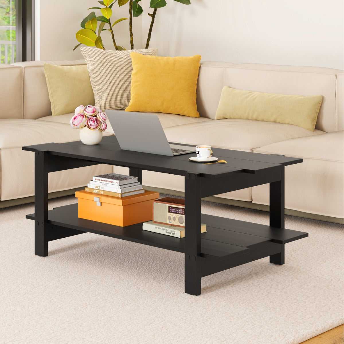 2-Tier Coffee Table with Storage Shelf for Living Room-Black
