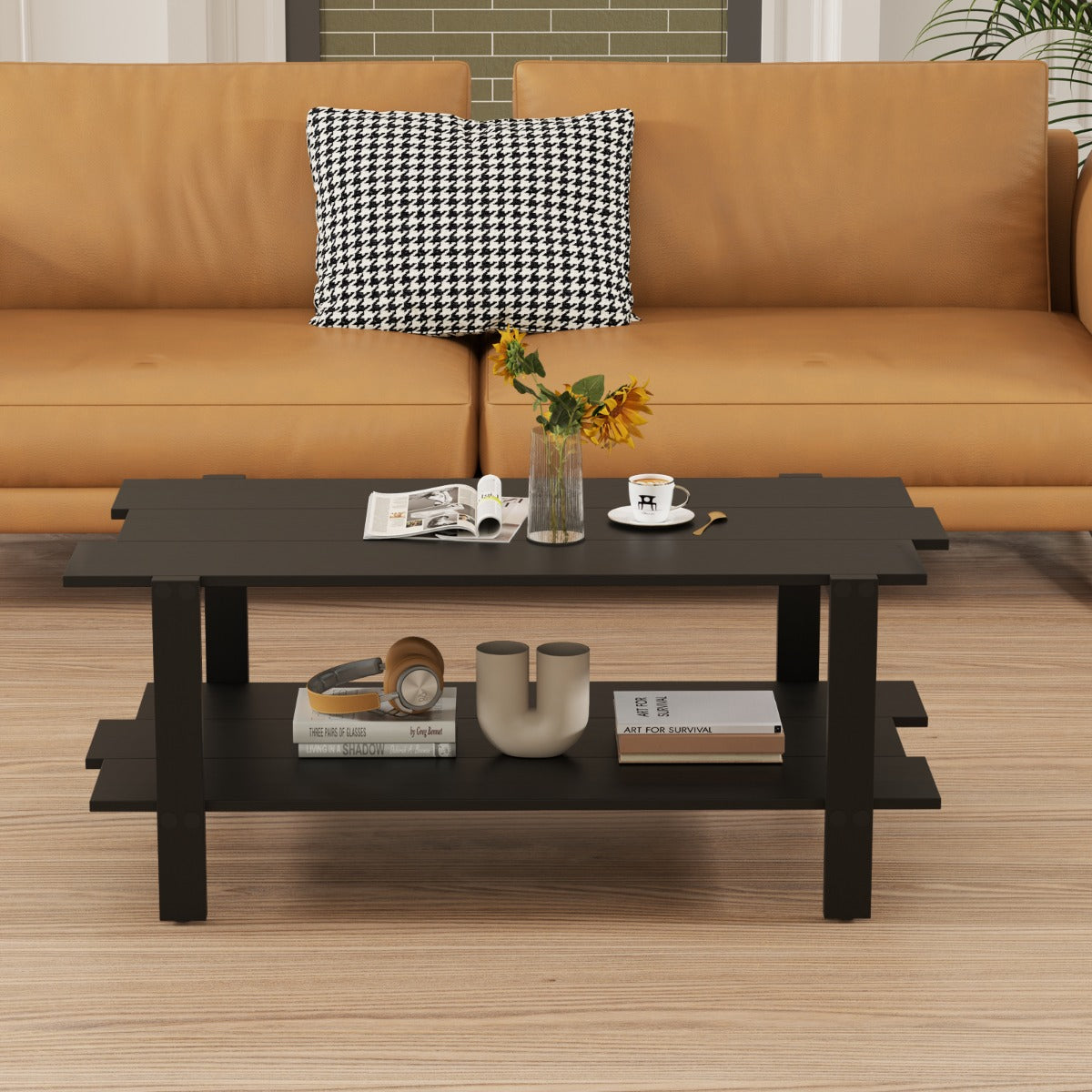 2-Tier Coffee Table with Storage Shelf for Living Room-Black
