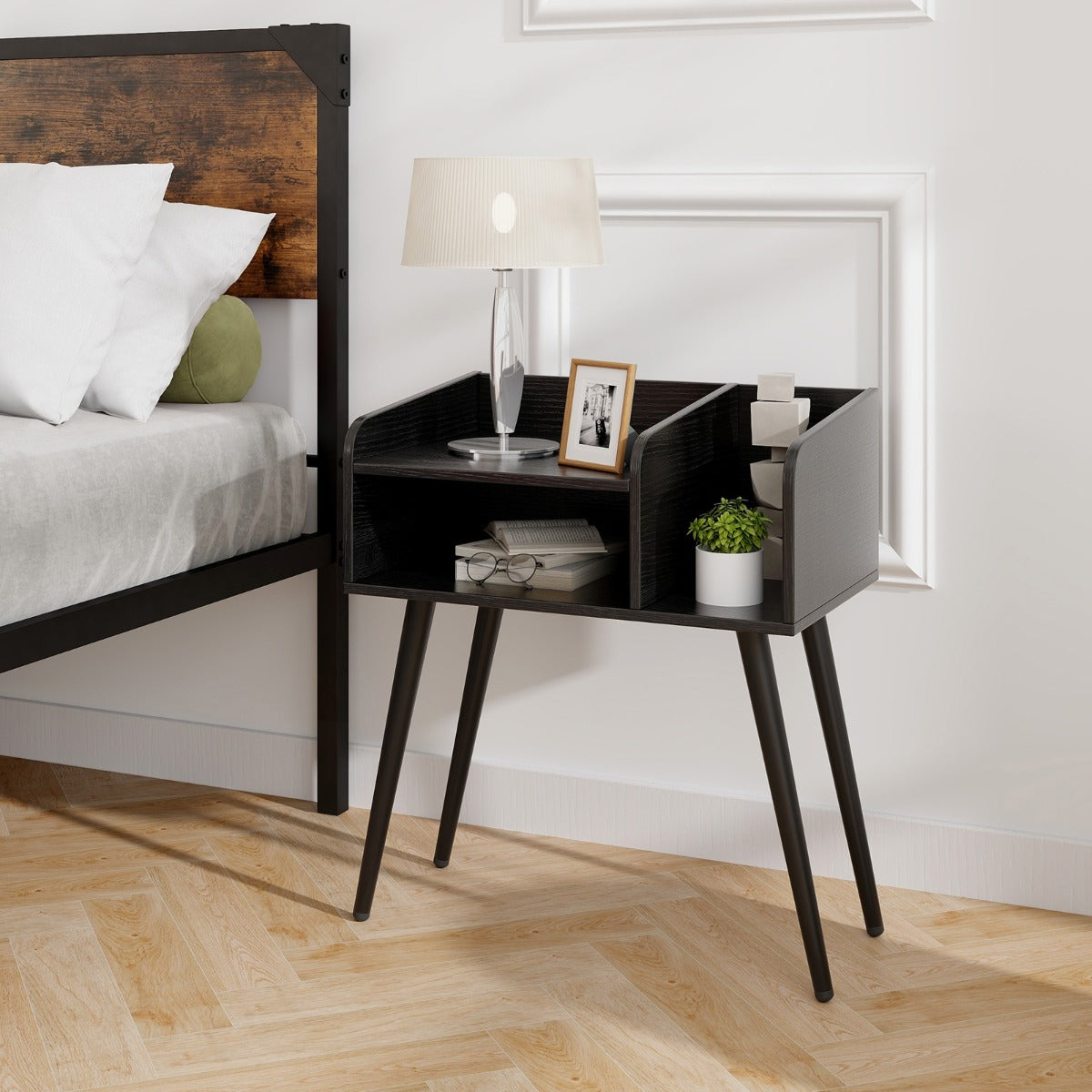 2-Tier Mid Century Modern Nightstand with Open Shelves-Black