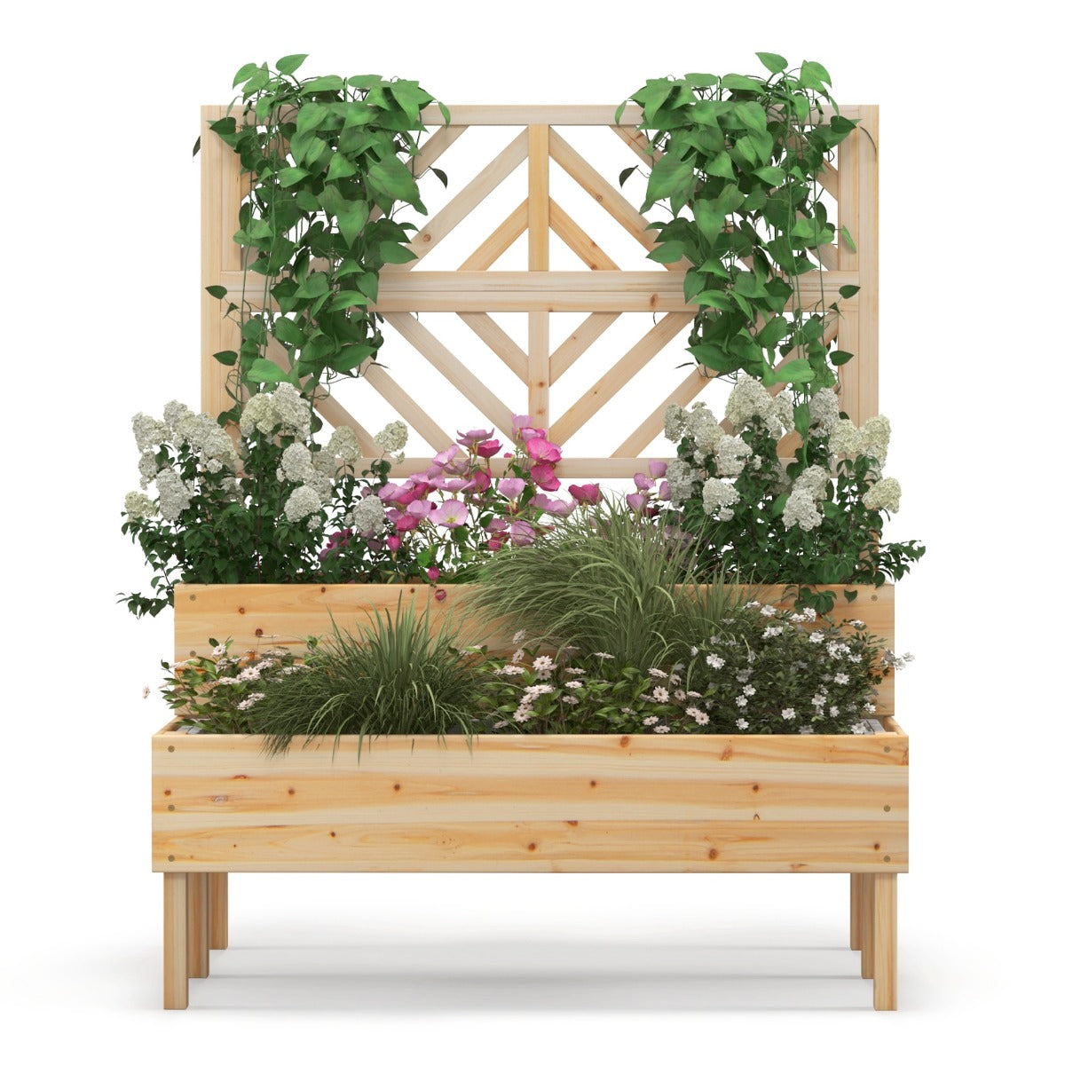 2-Tier Raised Garden Bed with Trellis and Drainage Hole-Natural