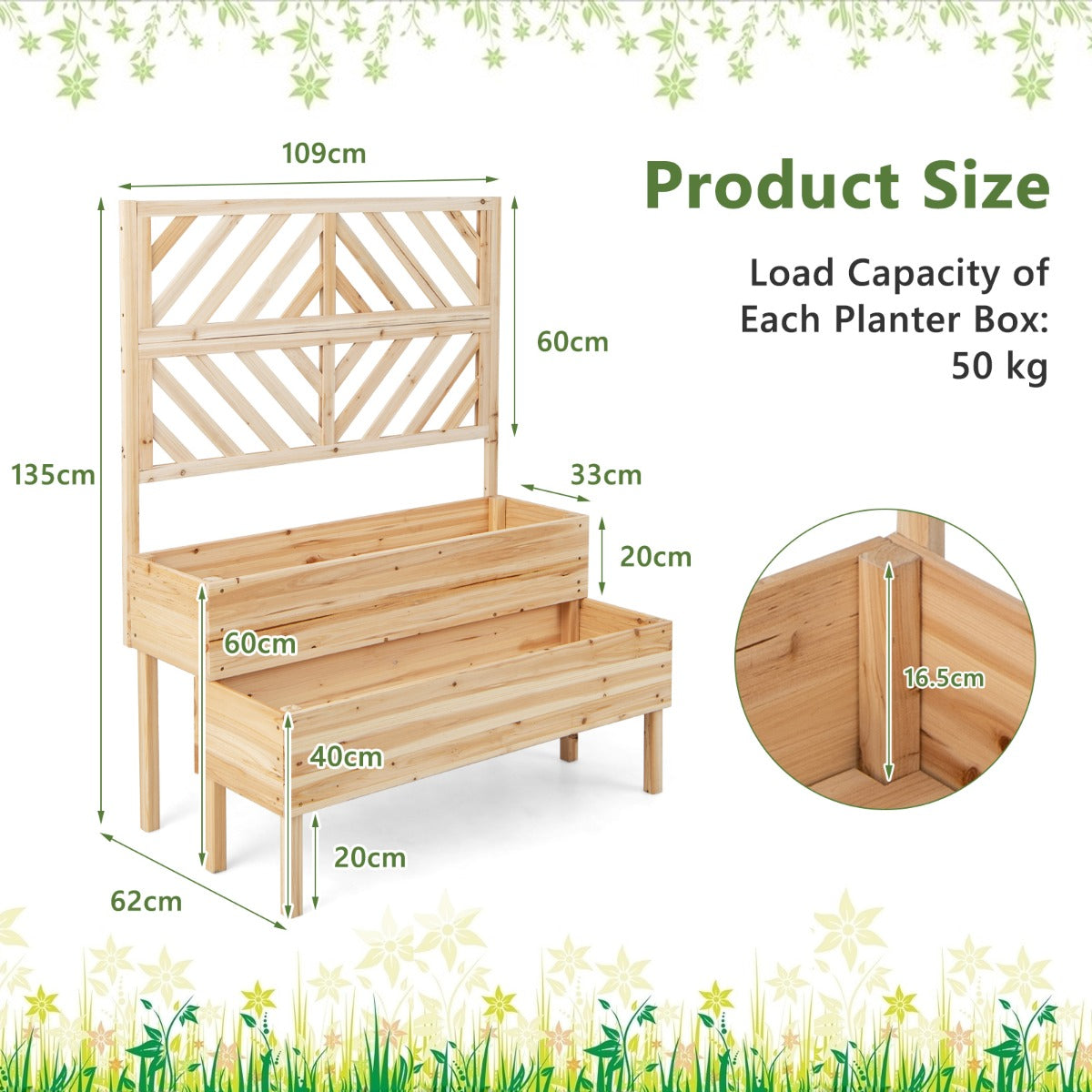 2-Tier Raised Garden Bed with Trellis and Drainage Hole-Natural