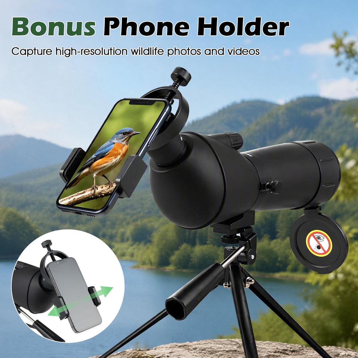 20-60x60 HD Spotting Scope with Tripod and Phone Adapter for Birds-Black