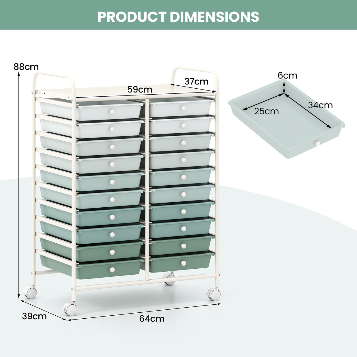 20 Drawers Storage Trolley with 4 Wheels for Beauty Salon-Green