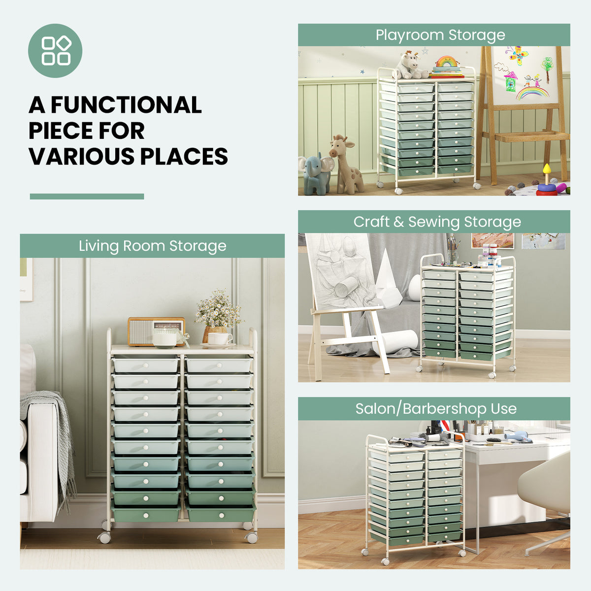 20 Drawers Storage Trolley with 4 Wheels for Beauty Salon-Green