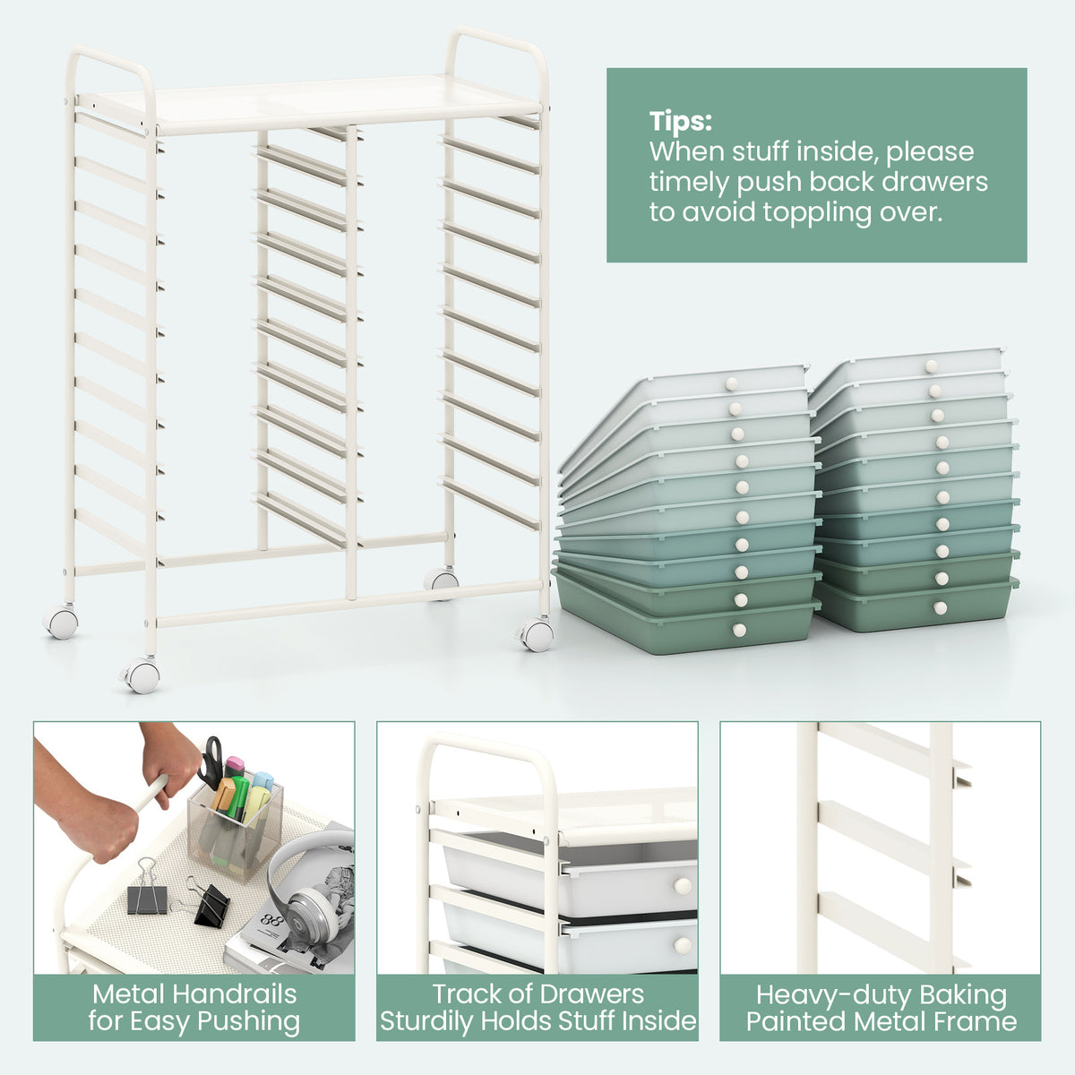 20 Drawers Storage Trolley with 4 Wheels for Beauty Salon-Green