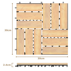 Diagram showing the dimensions of the acacia wood interlocking floor tiles
