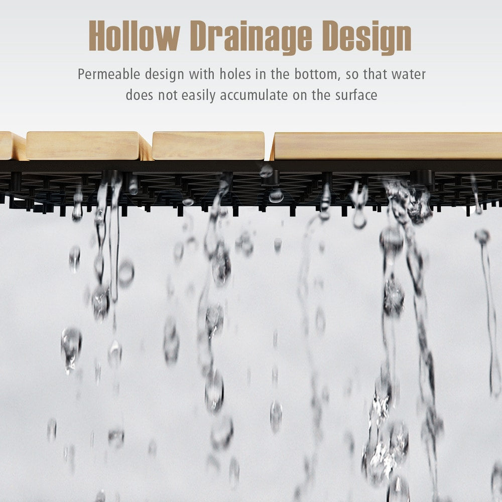 Close-up of the drainage design of the acacia wood interlocking floor tiles with water flowing through