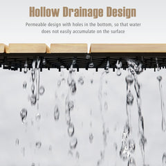 Close-up of the drainage design of the acacia wood interlocking floor tiles with water flowing through