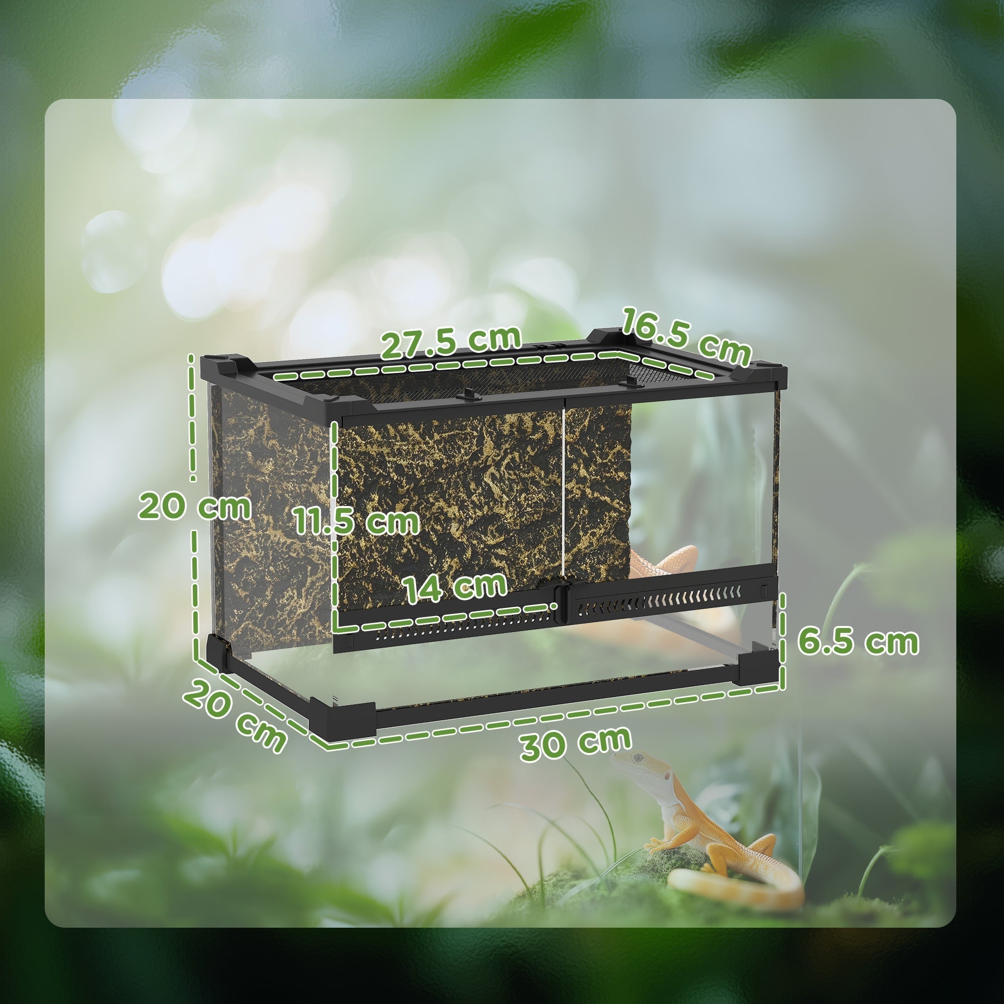PawHut Reptile Glass Terrarium with Stone Background, Front Ventilation, Escape-Proof Knob Lock, 30 x 20 x 20 cm, Black
