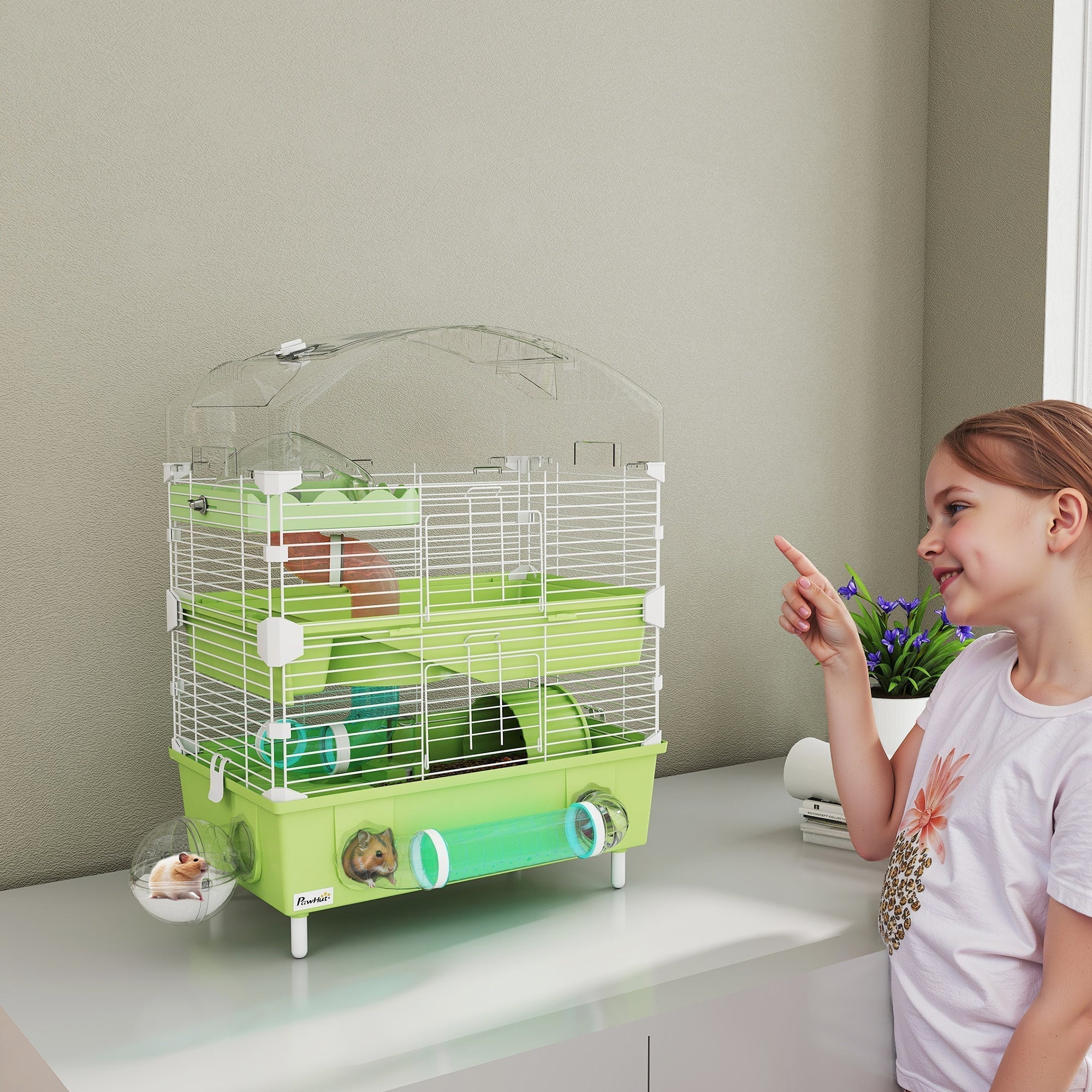 PawHut 3-Tier Hamster Cage with Transparent Top, Sand Bathroom, Exercise Wheel, Hideout Room, Tubes, 45 x 28 x 60 cm, Green