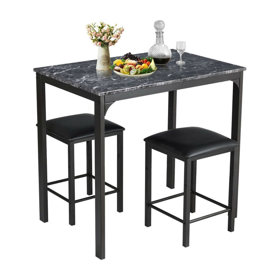 3 Piece Dining Table Set with 2 Faux Leather Backless Stools-Black