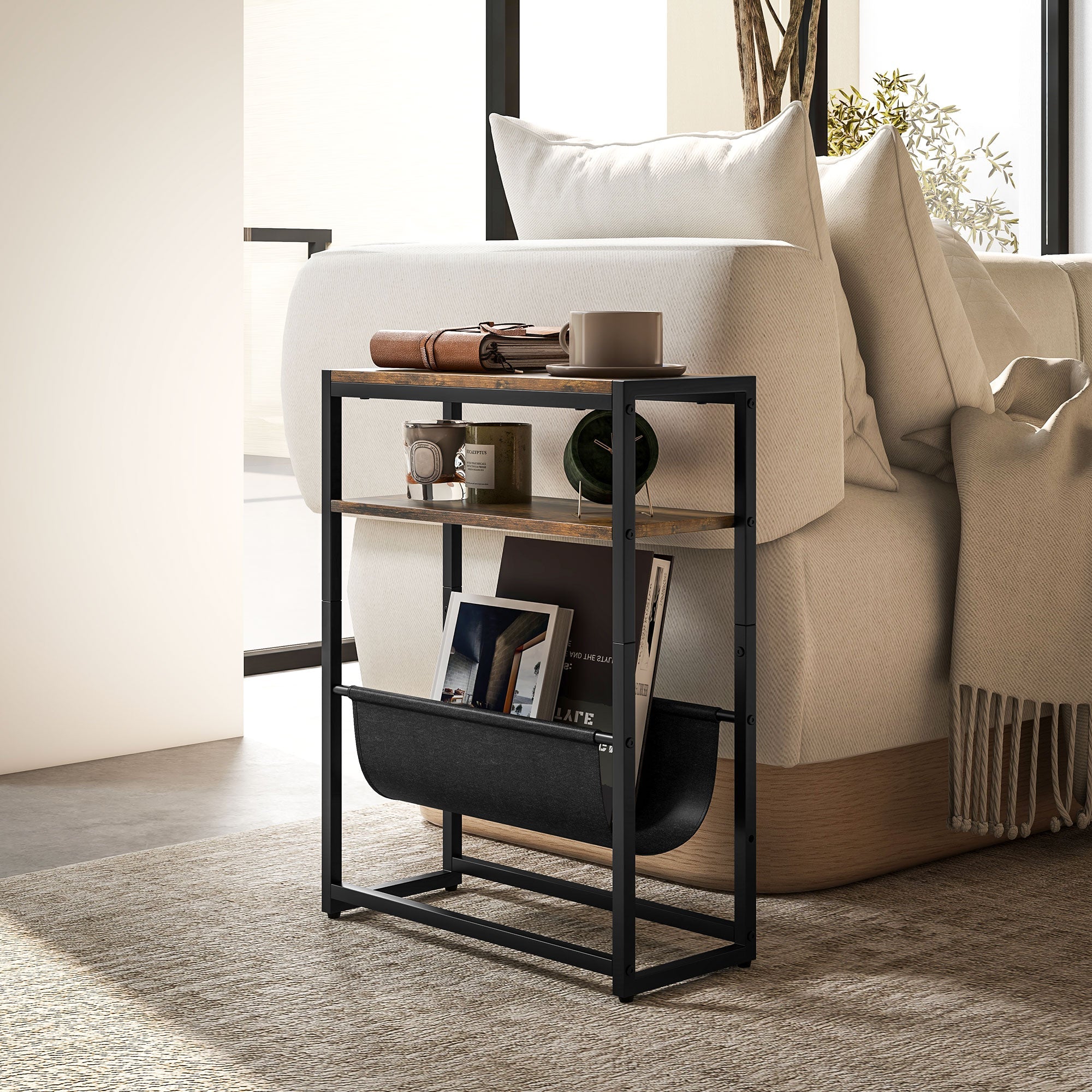 HOMCOM Narrow Side Table, End Table with 3-Tier Storage, V-Shaped Magazine Holder for Living Room, Bedroom, 43 x 18 x 56 cm, Ru