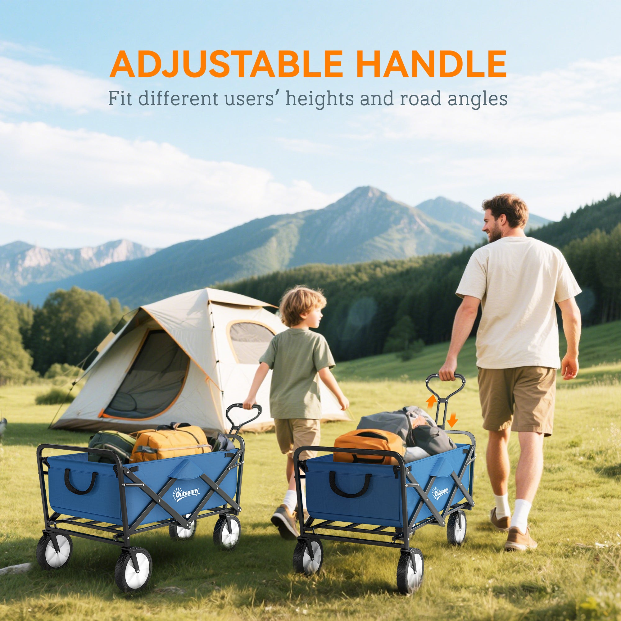 Outsunny 90L Festival Trolley on Wheels, Folding Camping Trolley Cart with Adjustable Handle, Portable for Outdoor, Garden, Shopping, Fishing, Navy Blue