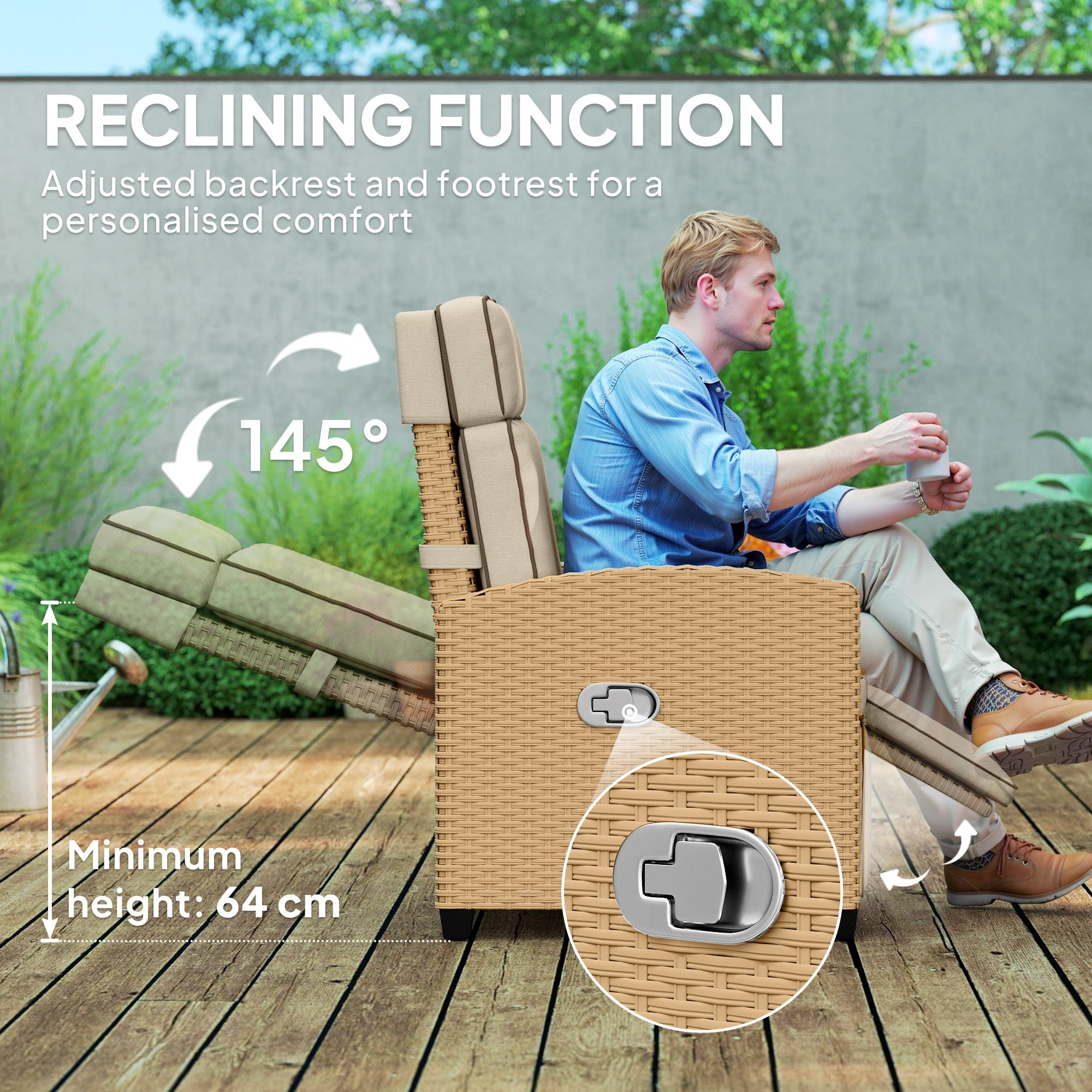 Outsunny 145√Ç¬∞ Reclining Rattan Armchair, with Footrest - Khaki/Beige