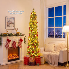 210 cm Pre-lit Pencil Christmas Tree with 120/150 Warm White LED Lights and 8 Modes