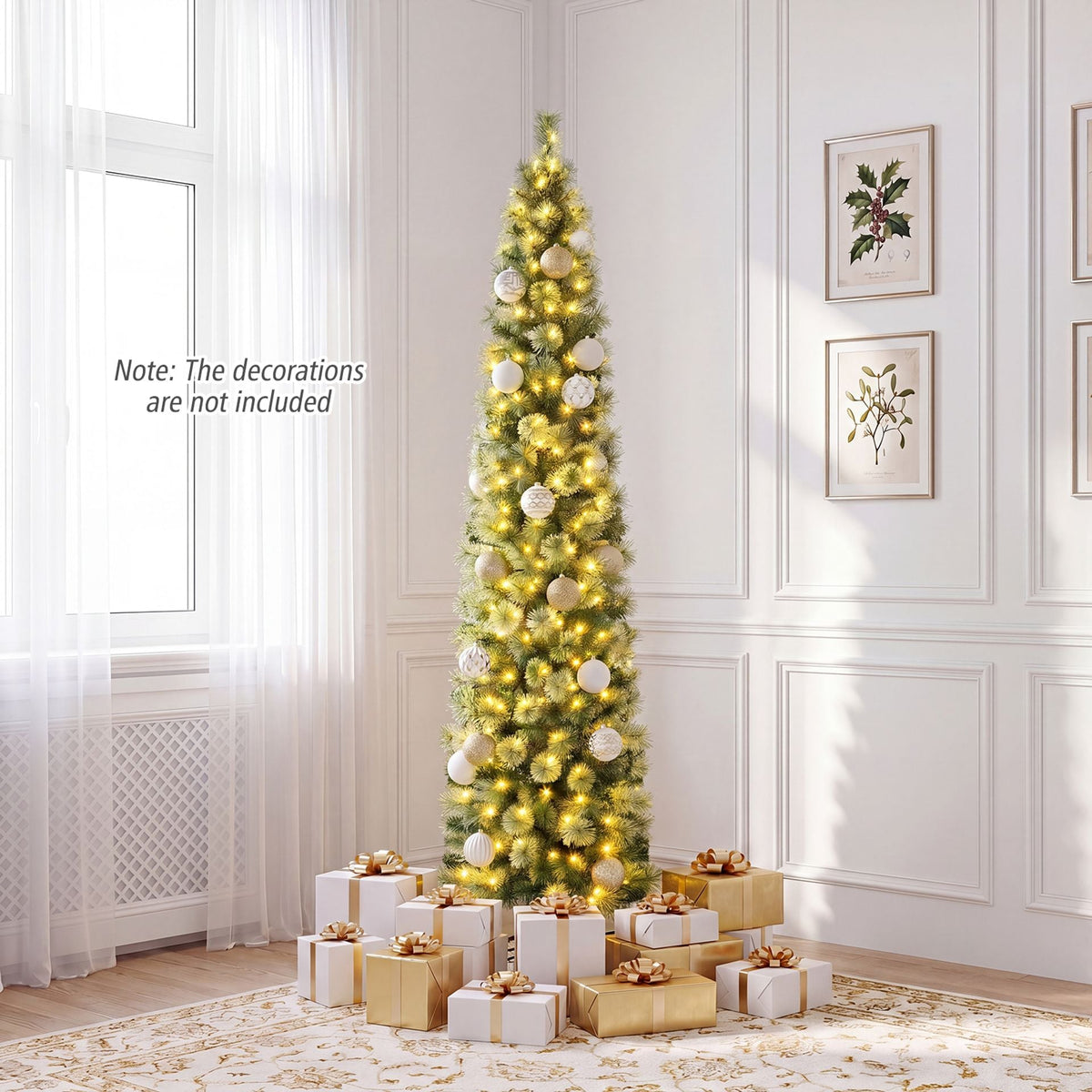 210 cm Pre-lit Pencil Christmas Tree with 120/150 Warm White LED Lights and 8 Modes