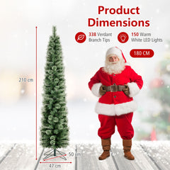 210 cm Pre-lit Pencil Christmas Tree with 120/150 Warm White LED Lights and 8 Modes
