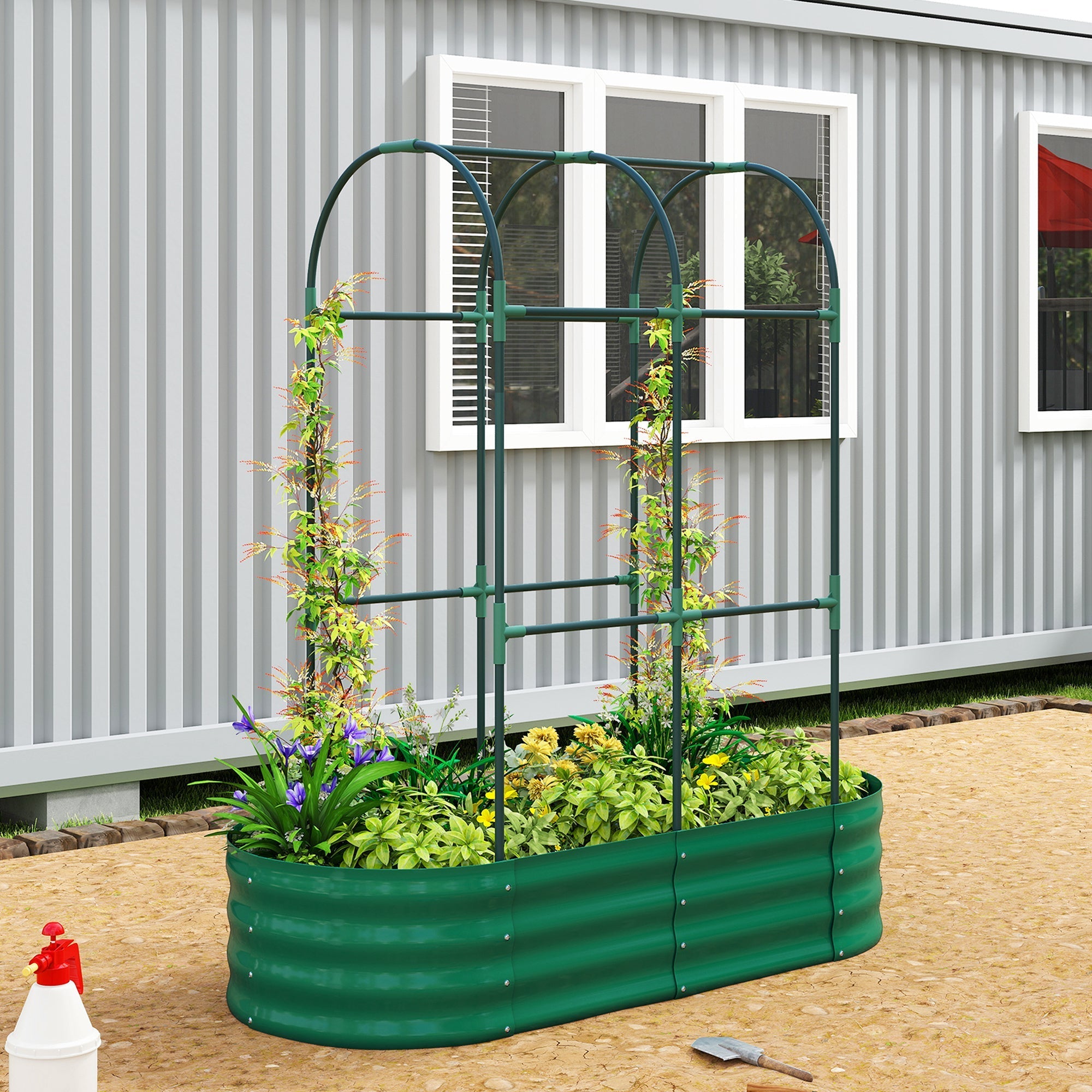 Outsunny Galvanised Raised Garden Bed with Arched Trellis, 4 x 2 x 4.6ft Metal Raised Bed for Garden with Open Bottom, Green