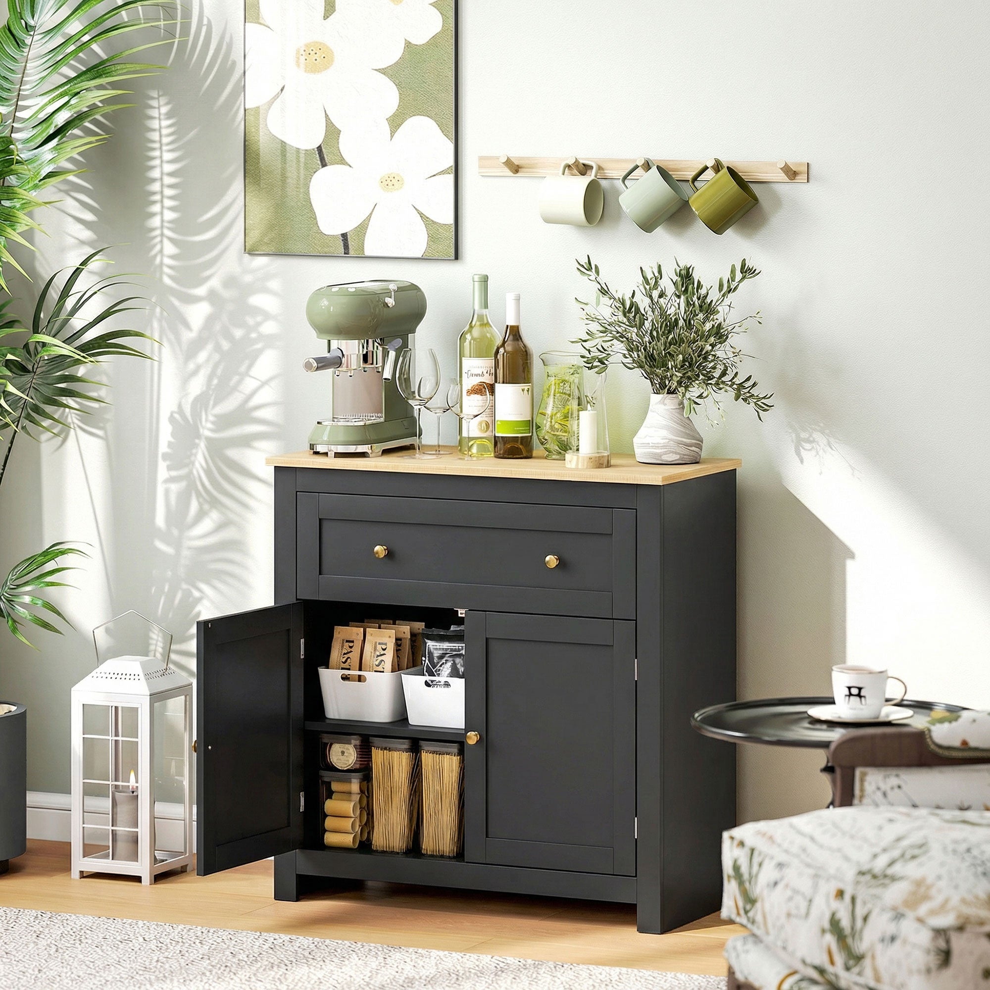 HOMCOM Sideboard Storage Cabinet, Modern Kitchen Cupboard with Adjustable Shelf, Drawer and Double Doors, Black