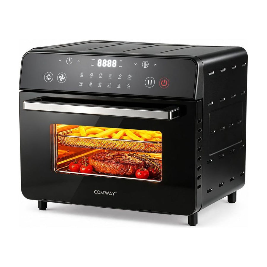 22 L 1800W Air Fryer Toaster Oven in black, showing the front with the door open and food inside