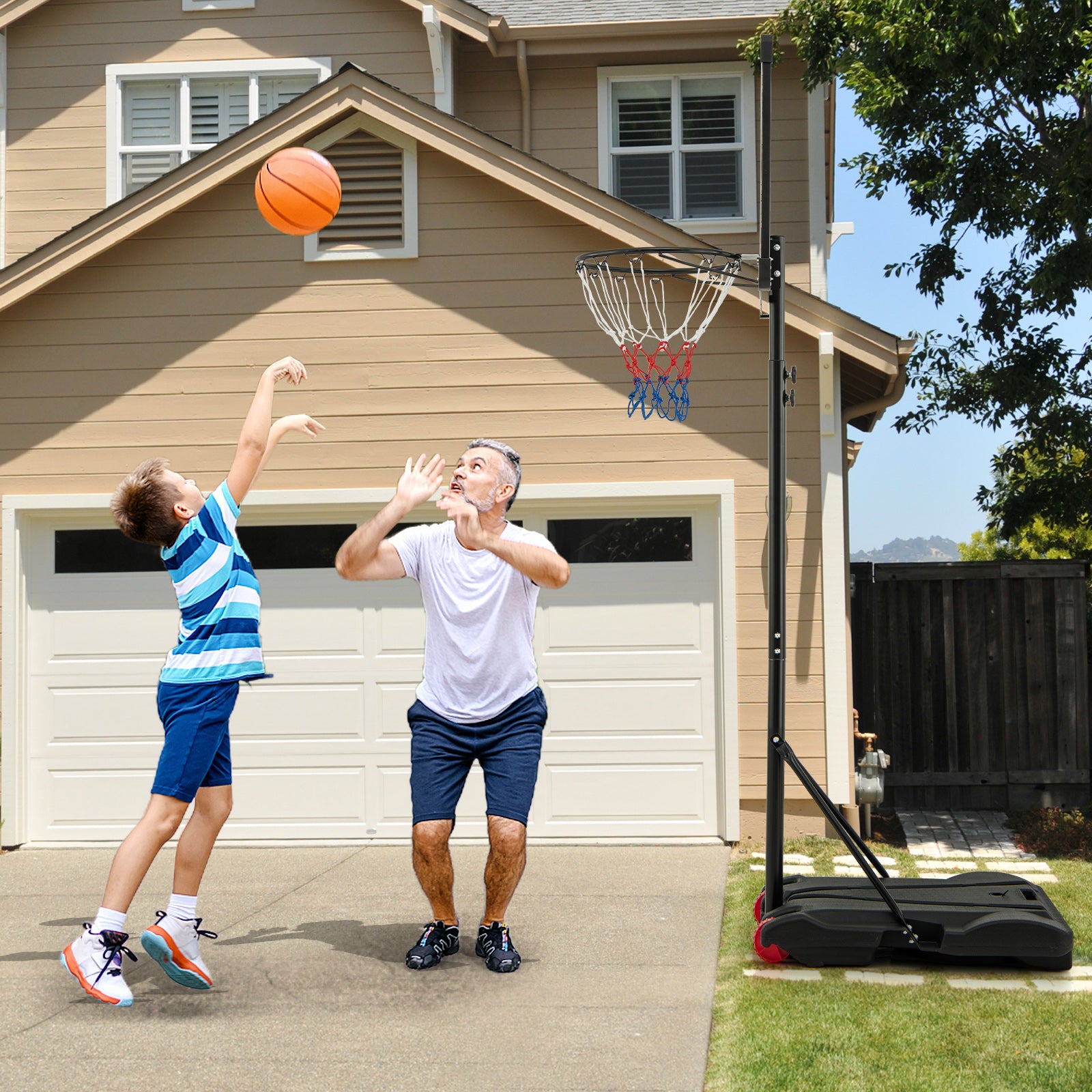 223-253 cm Portable Basketball Hoop with Front Wheels and Fillable Base