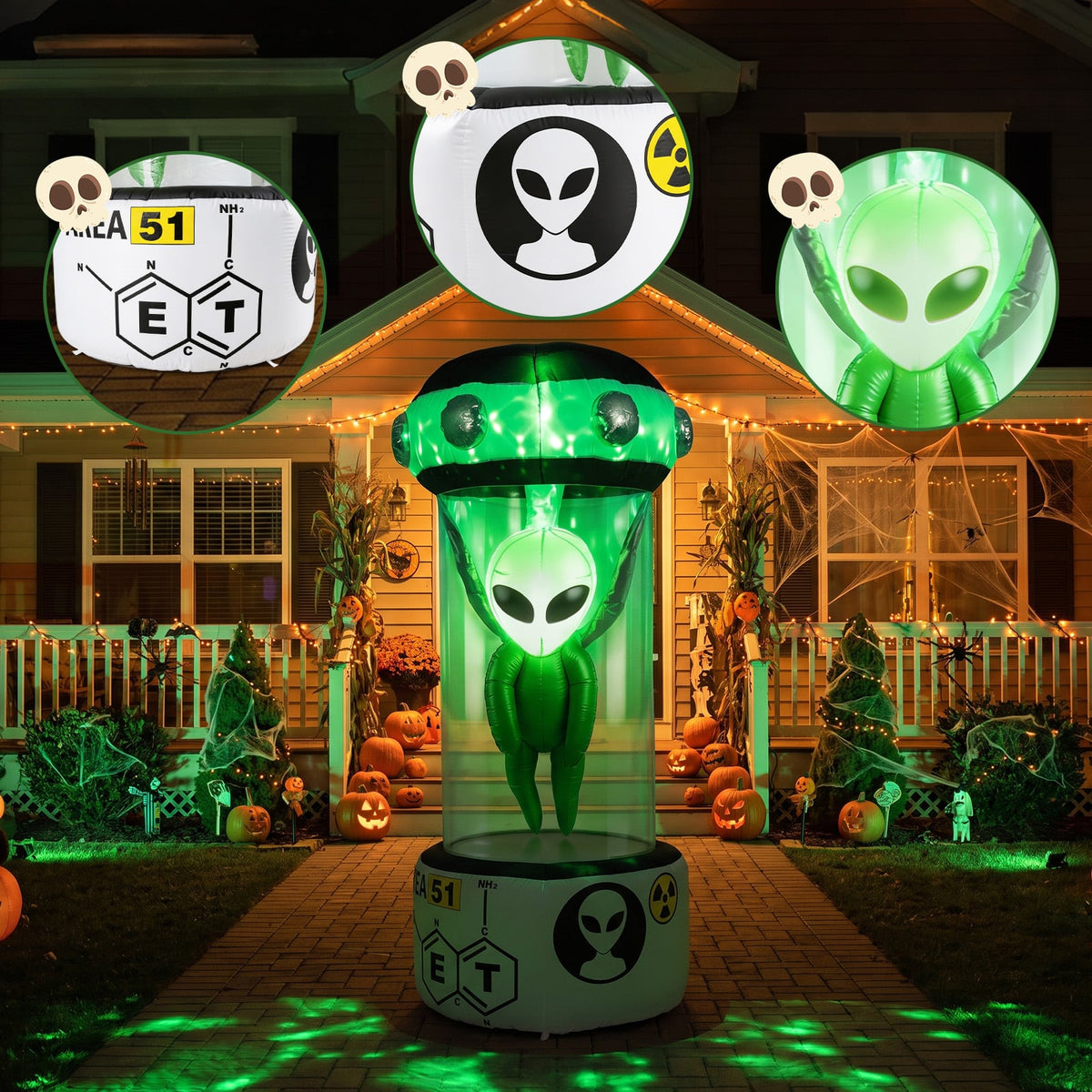 225 CM Halloween Blow Up Alien Outdoor Decorations with Rotating Flashing Green Lights