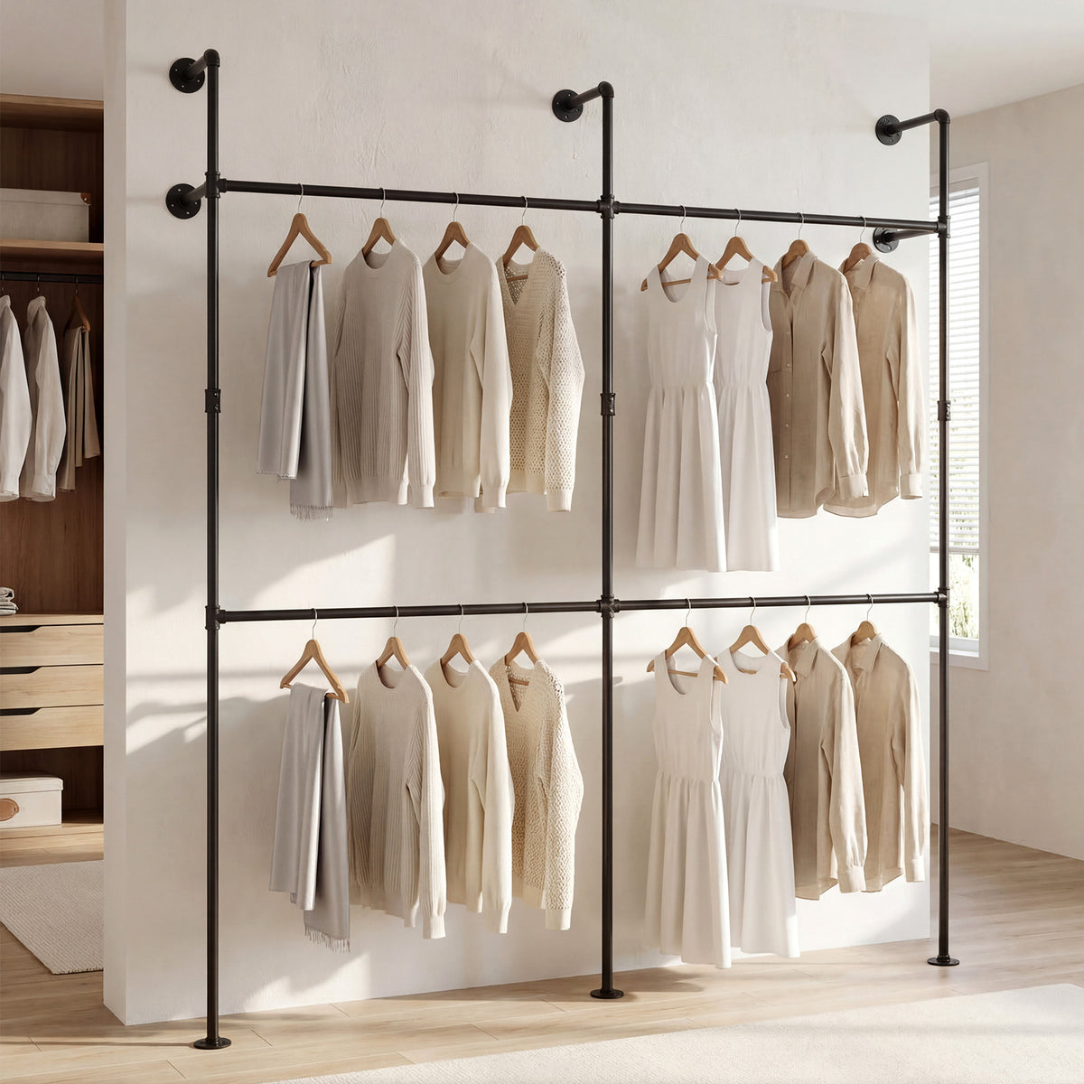 227CM Industrial Pipe Clothing Rack Wall Mounted Metal Garment Organizer-Black