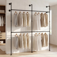 227CM Industrial Pipe Clothing Rack Wall Mounted Metal Garment Organizer-Black