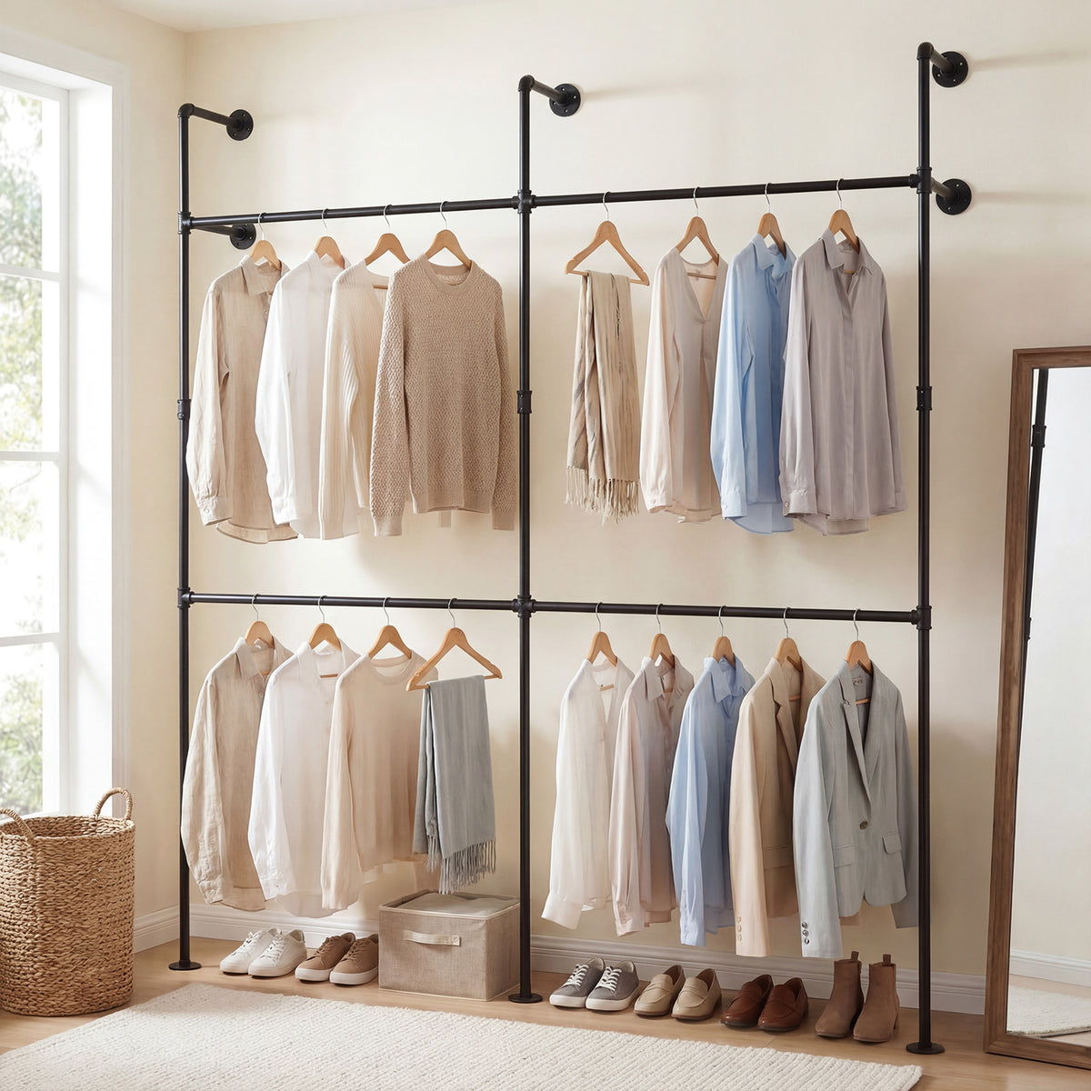227CM Industrial Pipe Clothing Rack Wall Mounted Metal Garment Organizer-Black