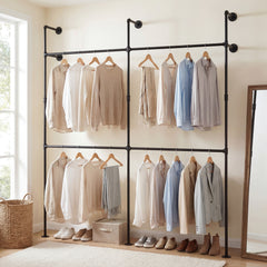 227CM Industrial Pipe Clothing Rack Wall Mounted Metal Garment Organizer-Black