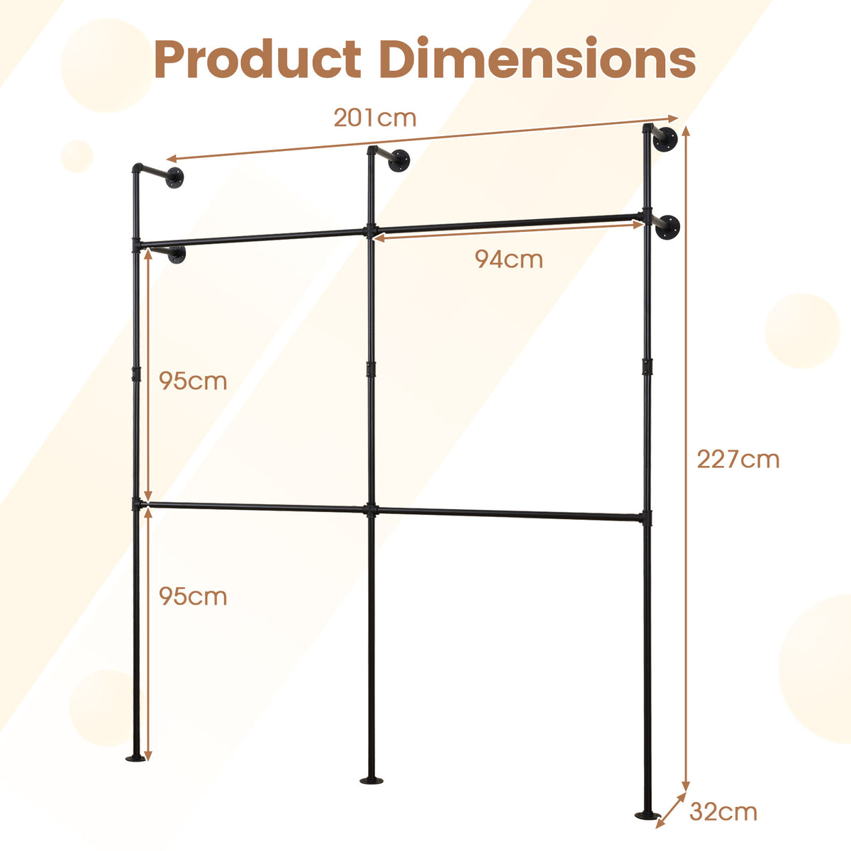 227CM Industrial Pipe Clothing Rack Wall Mounted Metal Garment Organizer-Black