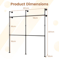 227CM Industrial Pipe Clothing Rack Wall Mounted Metal Garment Organizer-Black