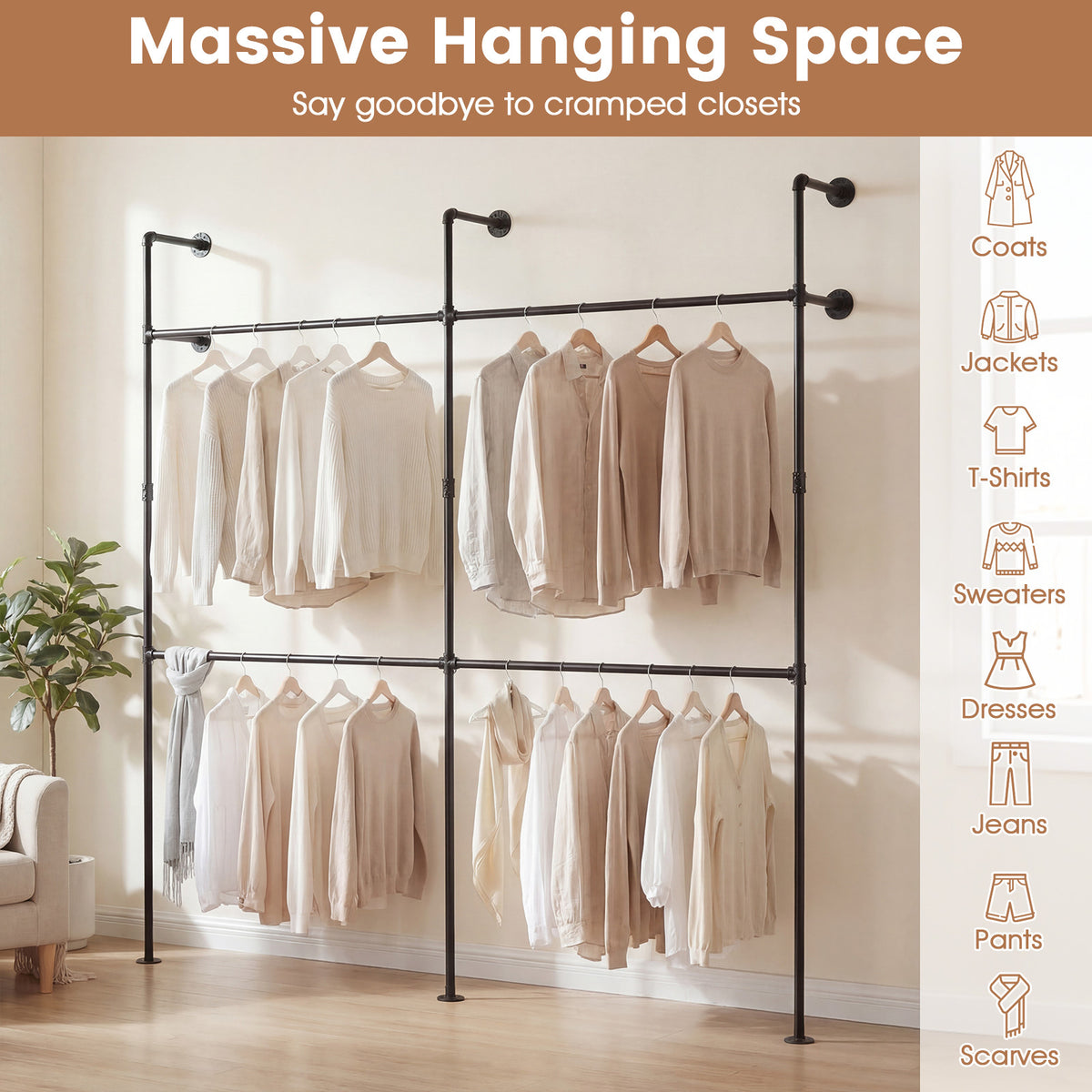 227CM Industrial Pipe Clothing Rack Wall Mounted Metal Garment Organizer-Black