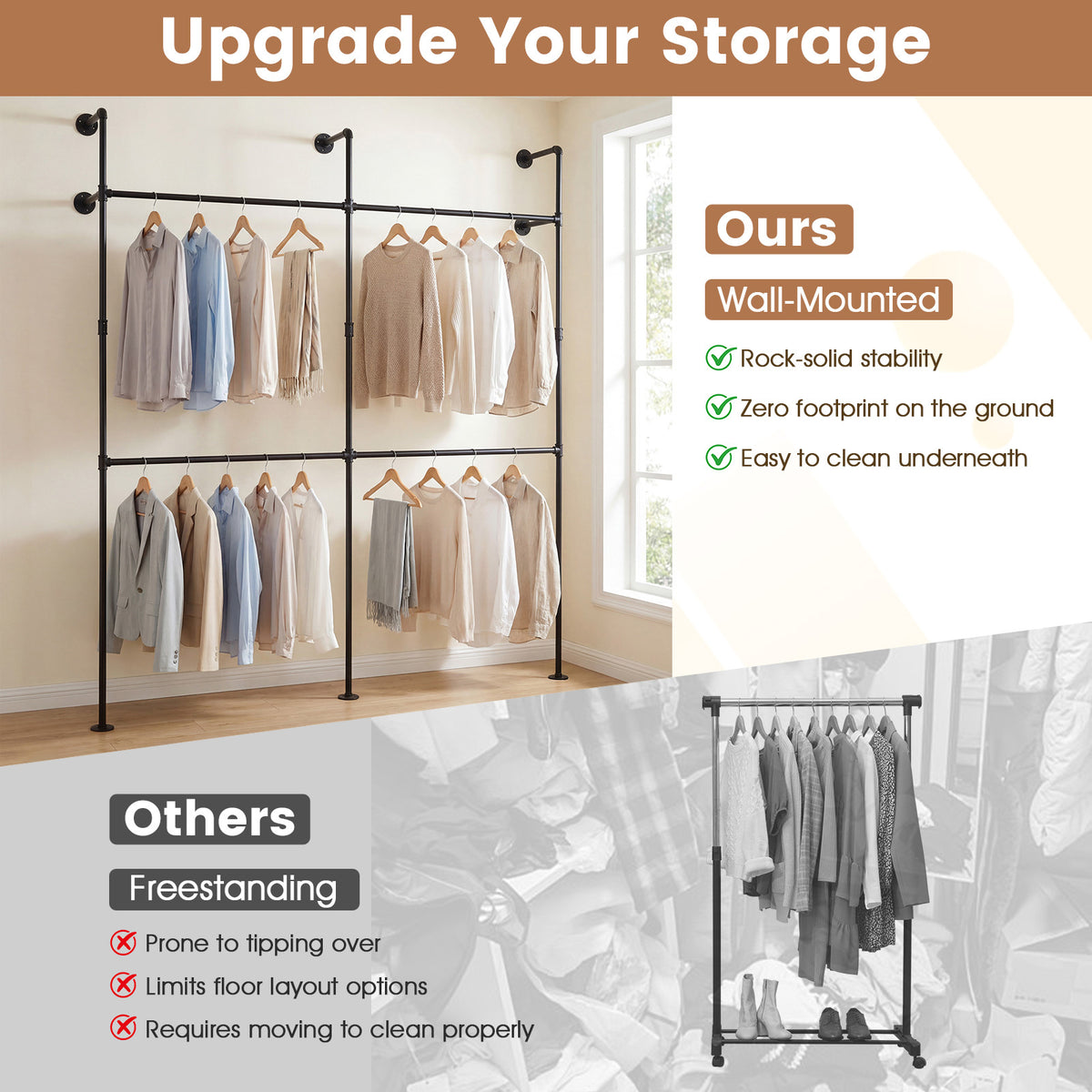 227CM Industrial Pipe Clothing Rack Wall Mounted Metal Garment Organizer-Black