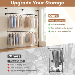 227CM Industrial Pipe Clothing Rack Wall Mounted Metal Garment Organizer-Black