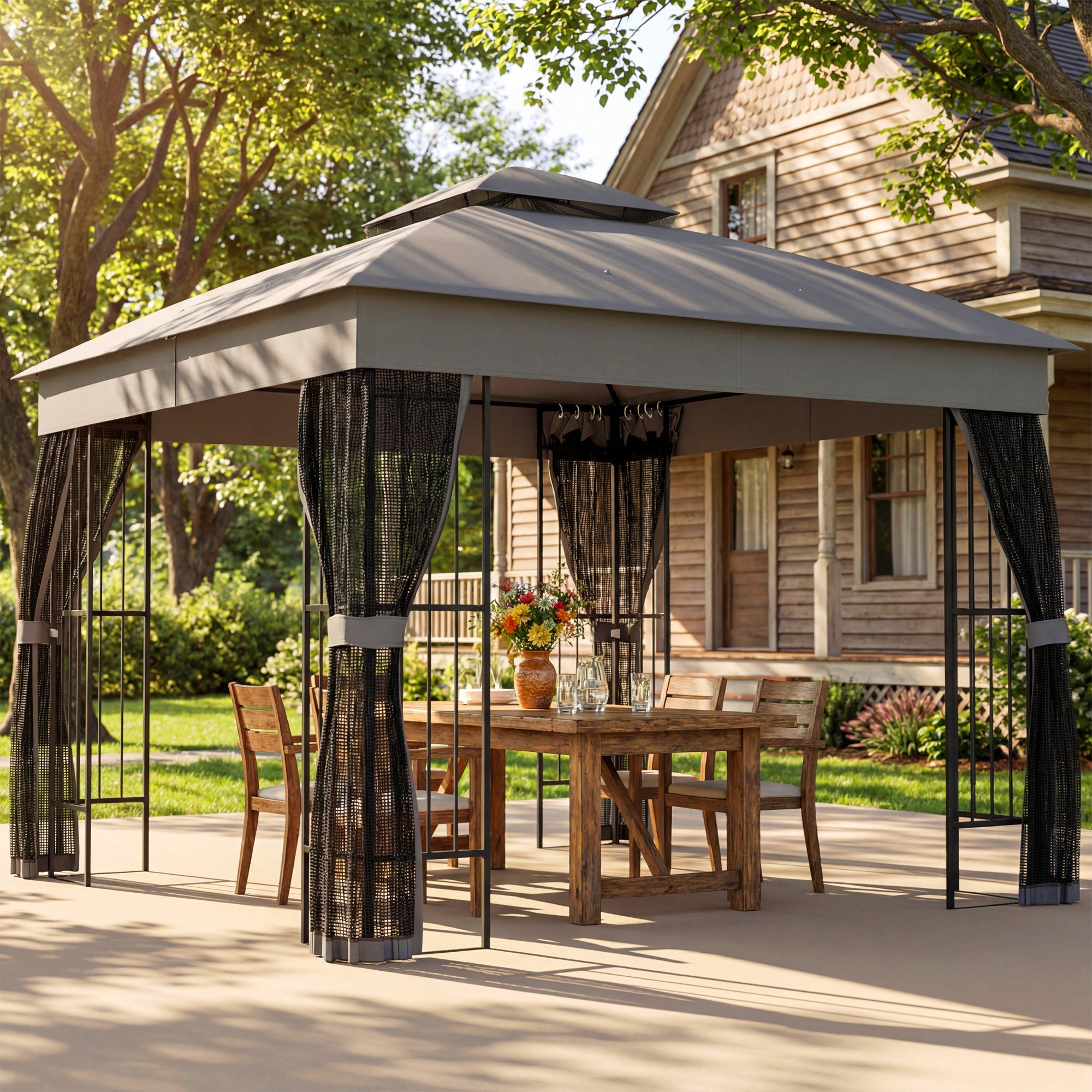 Outsunny 3 x 3 m Outdoor Garden Gazebo with Post Shelves, UPF50+ DoubleÂ Roof Patio Permanent Pavilion, Grey