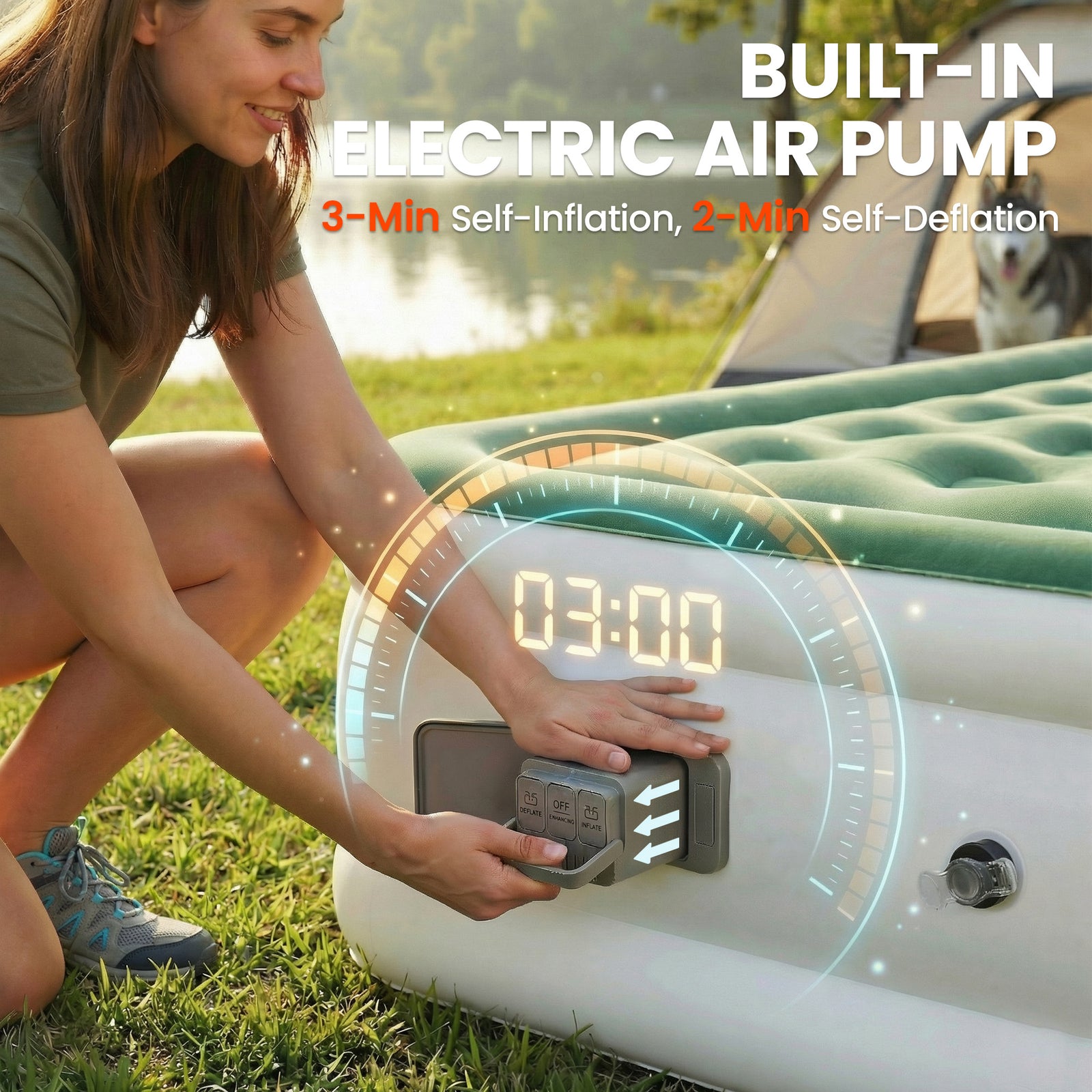 Outsunny Inflatable Mattress, Double Air Bed with Built-in Electric Pump, 3 Mins Inflation, Flocked Surface, Dark Green