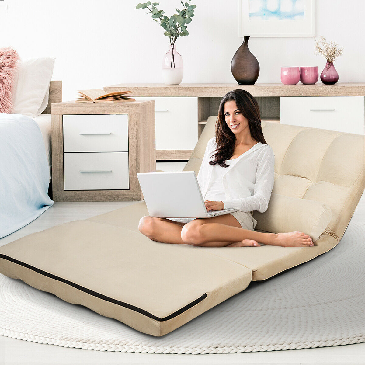 2 in 1 Folding Floor Lazy Sofa Bed with 6 Adjustable Seat Positions and 2 Pillows-Beige