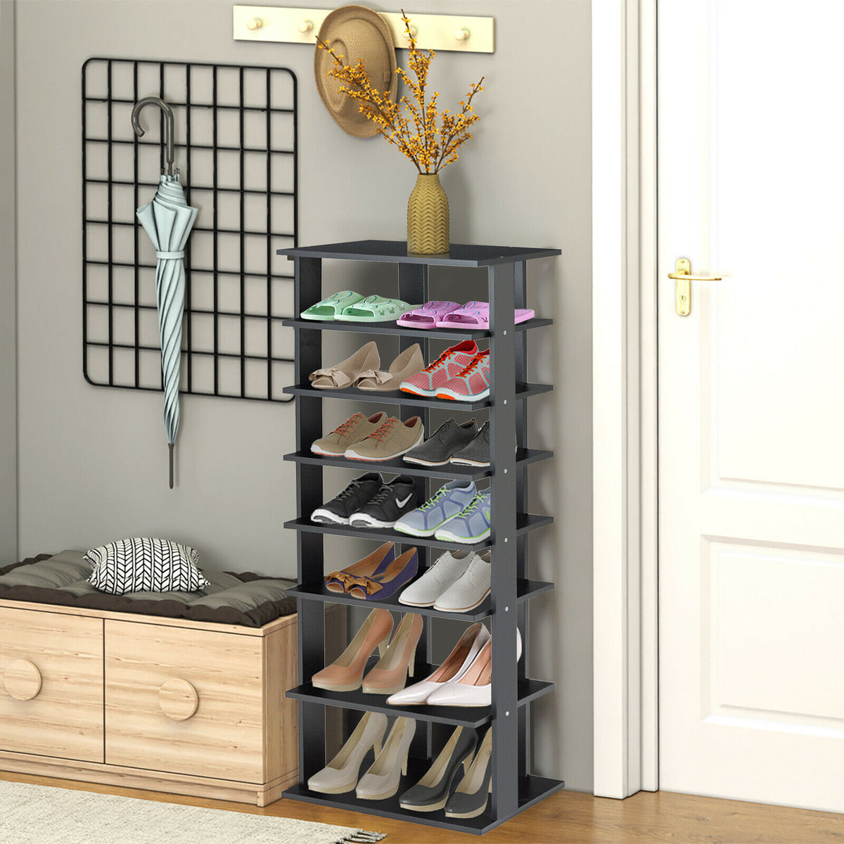 Extra Wide Wooden Vertical Shoe Rack with 7 Shelves-Black