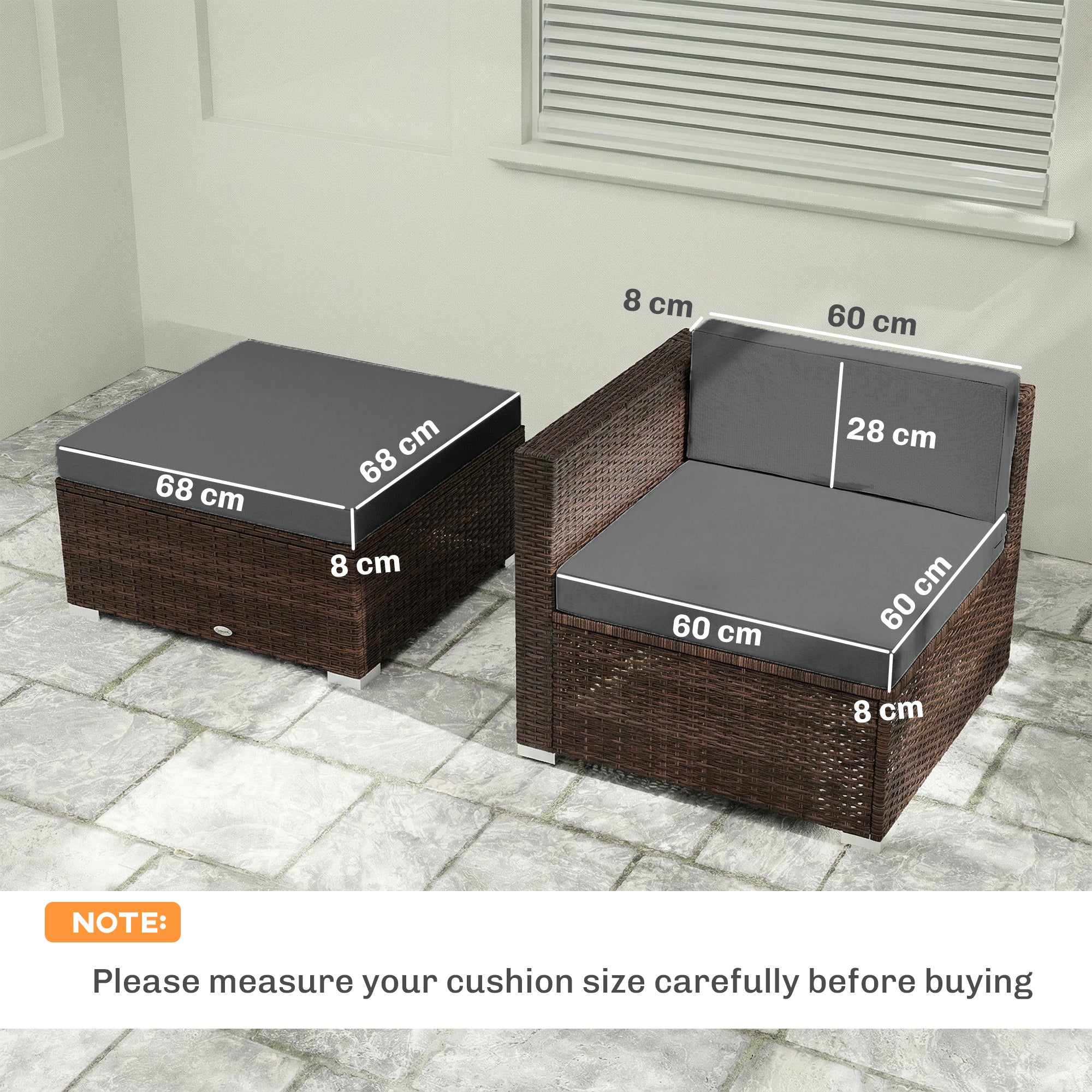 Outsunny 7-Piece Patio Furniture Cushions, Outdoor Loveseat Cushion with Removable Covers for Rattan Furniture, 60x60 cm, Dark Grey