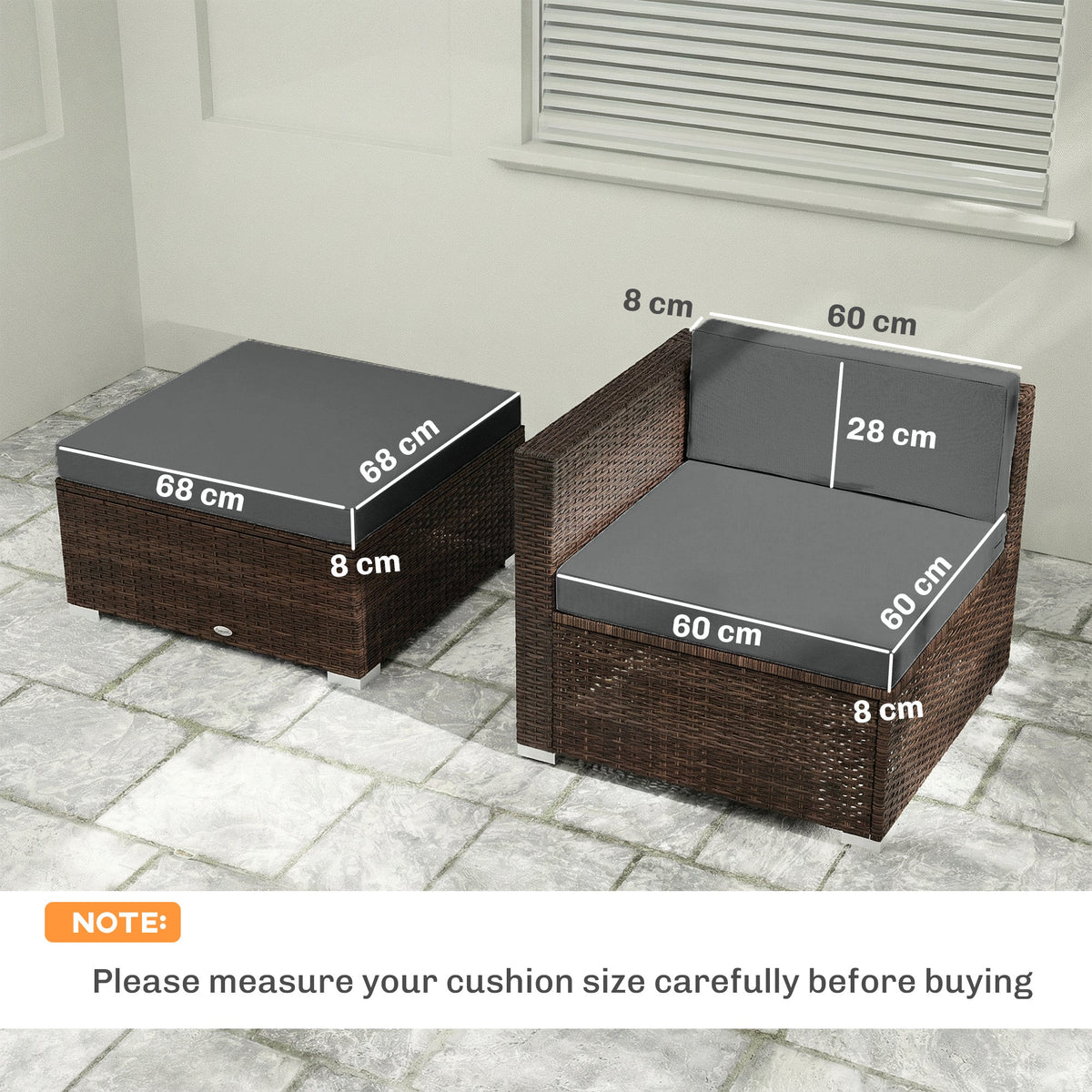 Outsunny 7-Piece Patio Furniture Cushions, Outdoor Loveseat Cushion with Removable Covers for Rattan Furniture, 60x60 cm, Dark Grey
