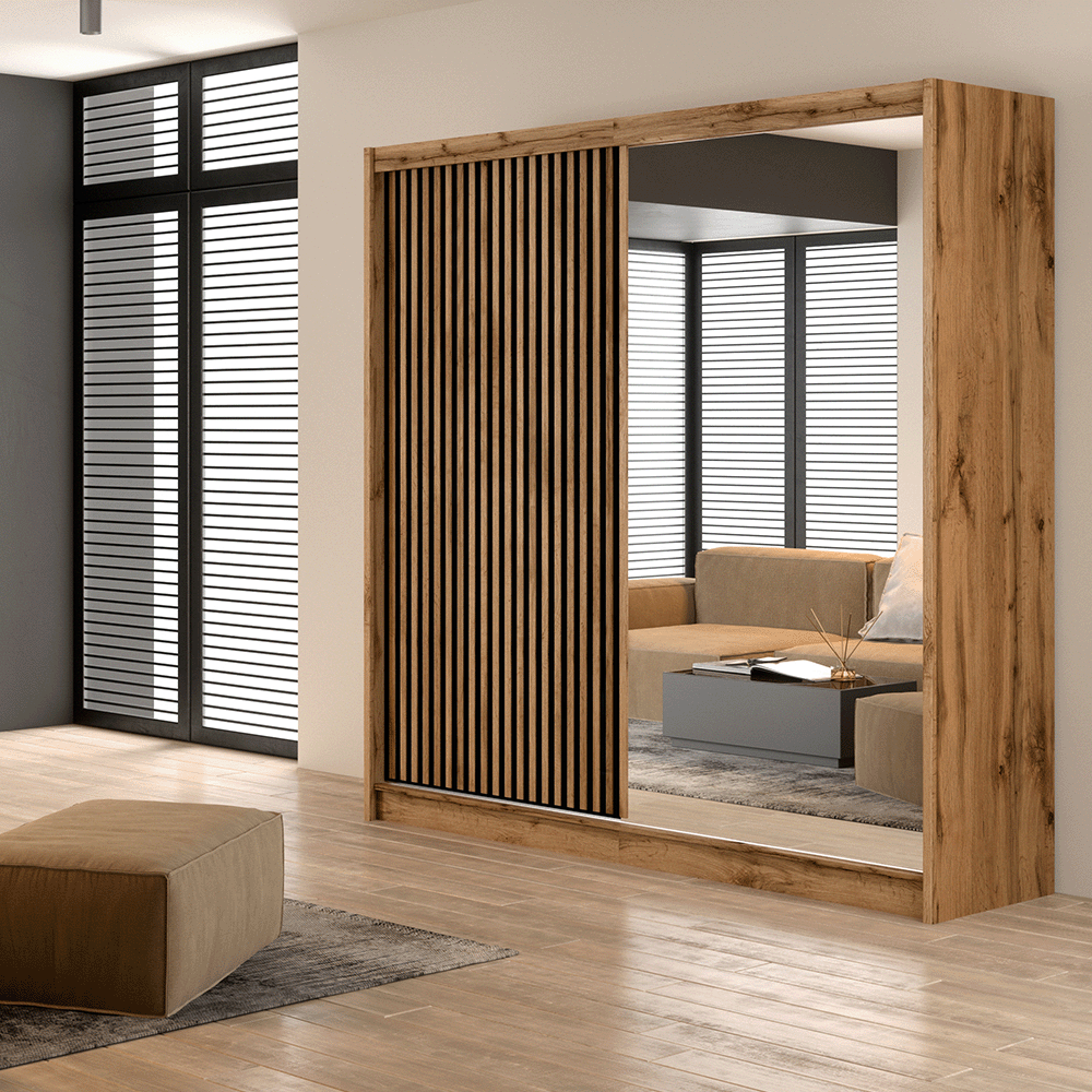 Oak Wotan / Black Mirrored Sliding Door Wardrobe 203cm – WINDSOR
