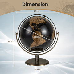 23CM Metallic Black World Globe with Metal Stand-Golden