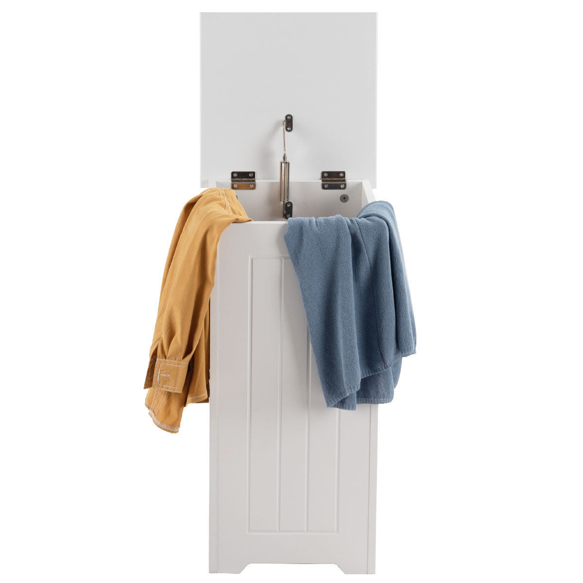 The laundry basket holding a yellow shirt and a blue towel hanging over the sides