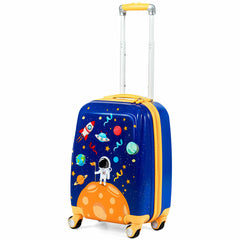 The navy blue kids suitcase with astronaut and rocket designs and extended handle