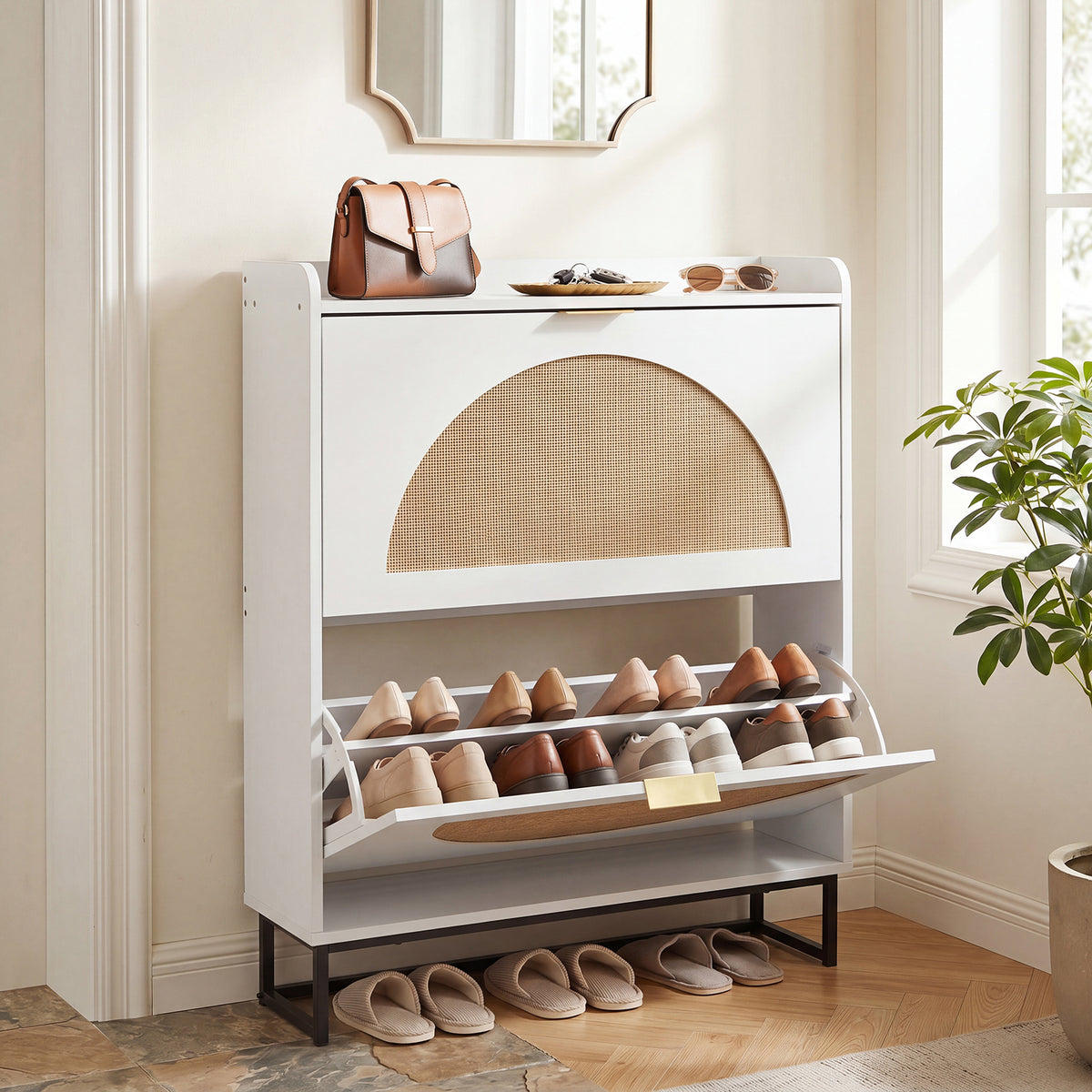 24 CM Narrow Shoe Storage Cabinet with 2 Flip Drawers-White