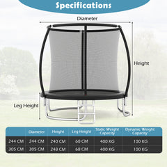 244 cm Outdoor Heavy-Duty Trampoline with Safety Enclosure Net-Black