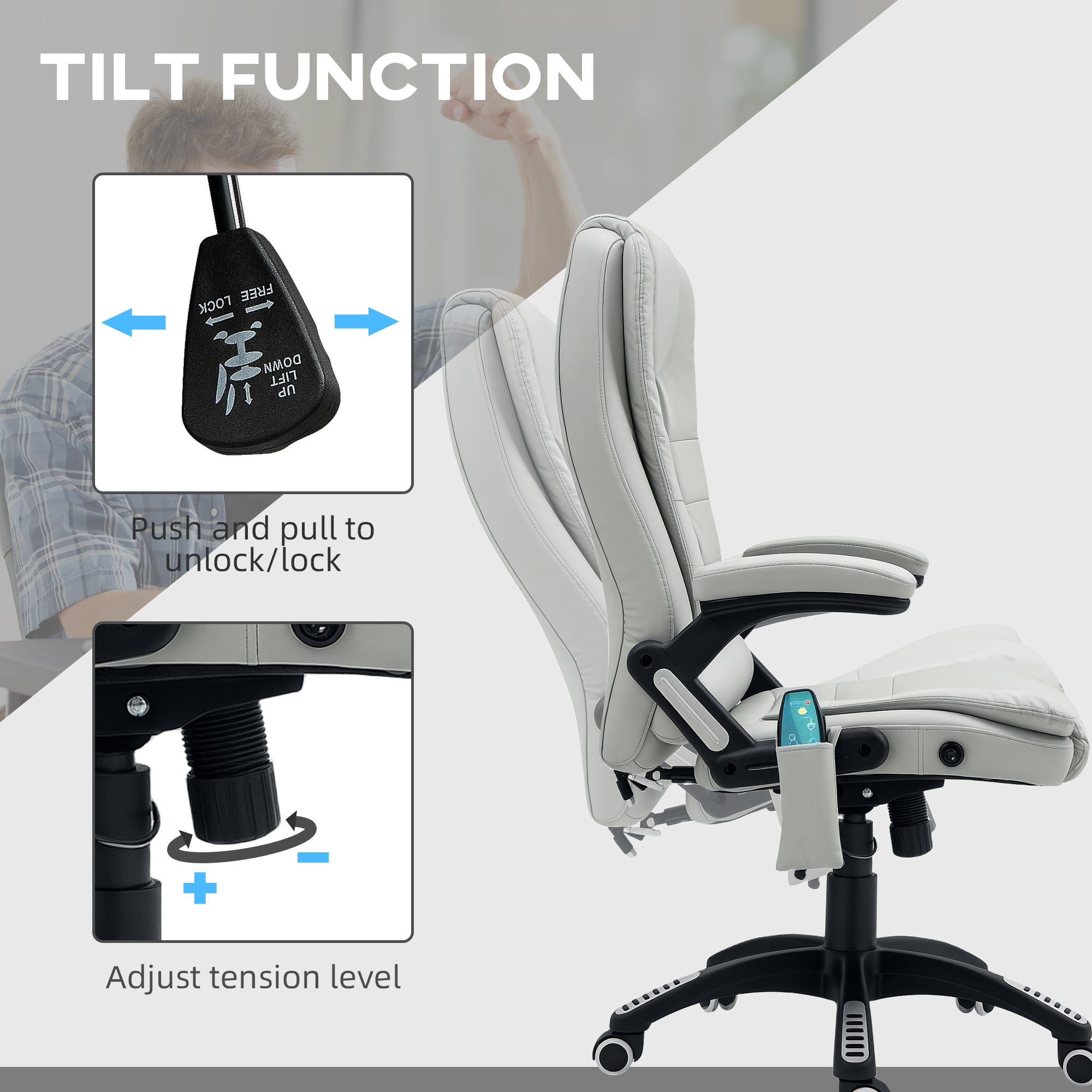 HOMCOM 6-Point Massage Office Chair with Seat Heated for Home Office, PU Leather High Back Executive Desk Chair with Adjustable Height and 360√Ç¬∞ Swivel for Work Study, Light Grey