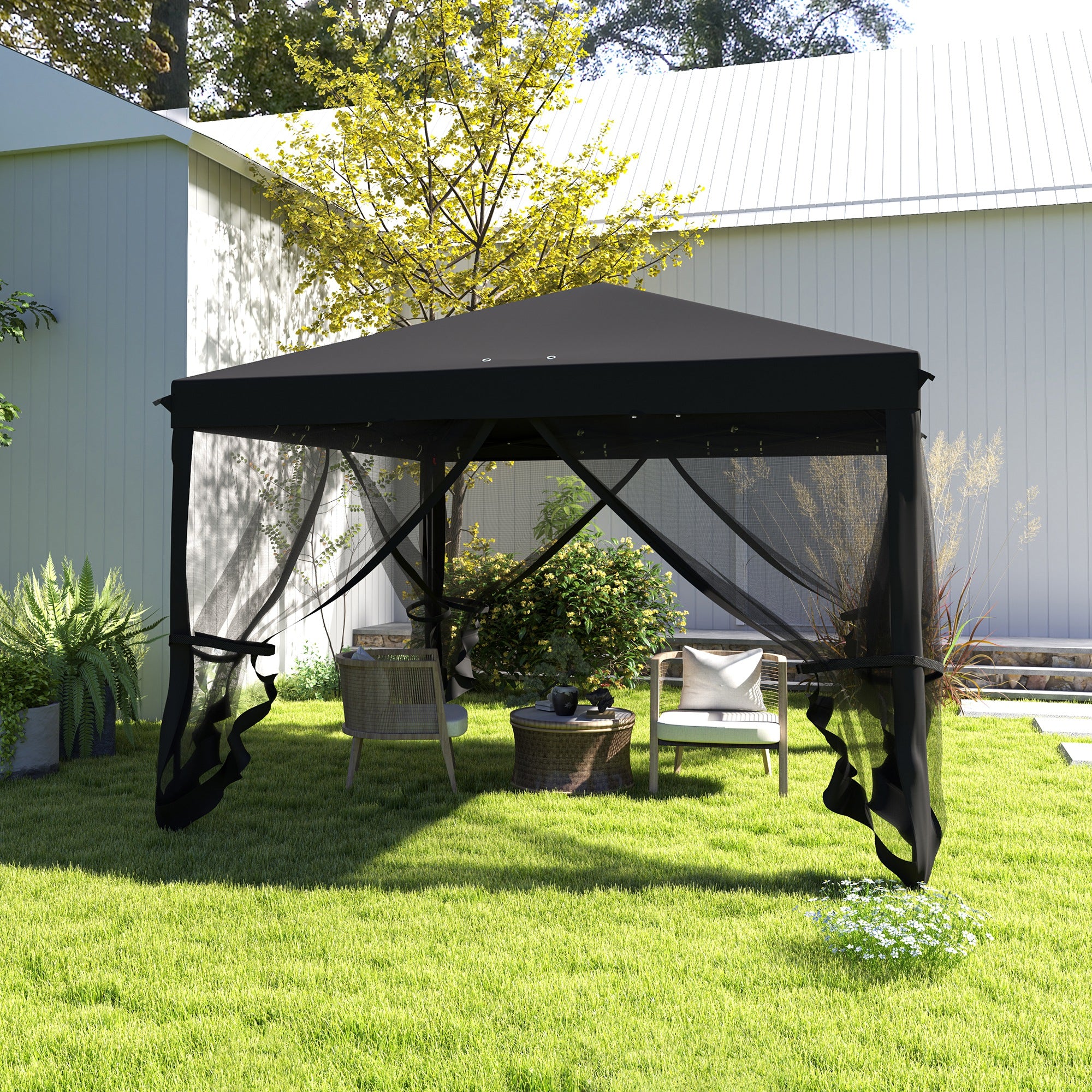 Outsunny 3 x 3√Ç m Pop Up Gazebo, 420D Garden Tent Canopy with Removable Mesh Sidewall Netting, Carry Bag for Garden Patio Outdoor, Black