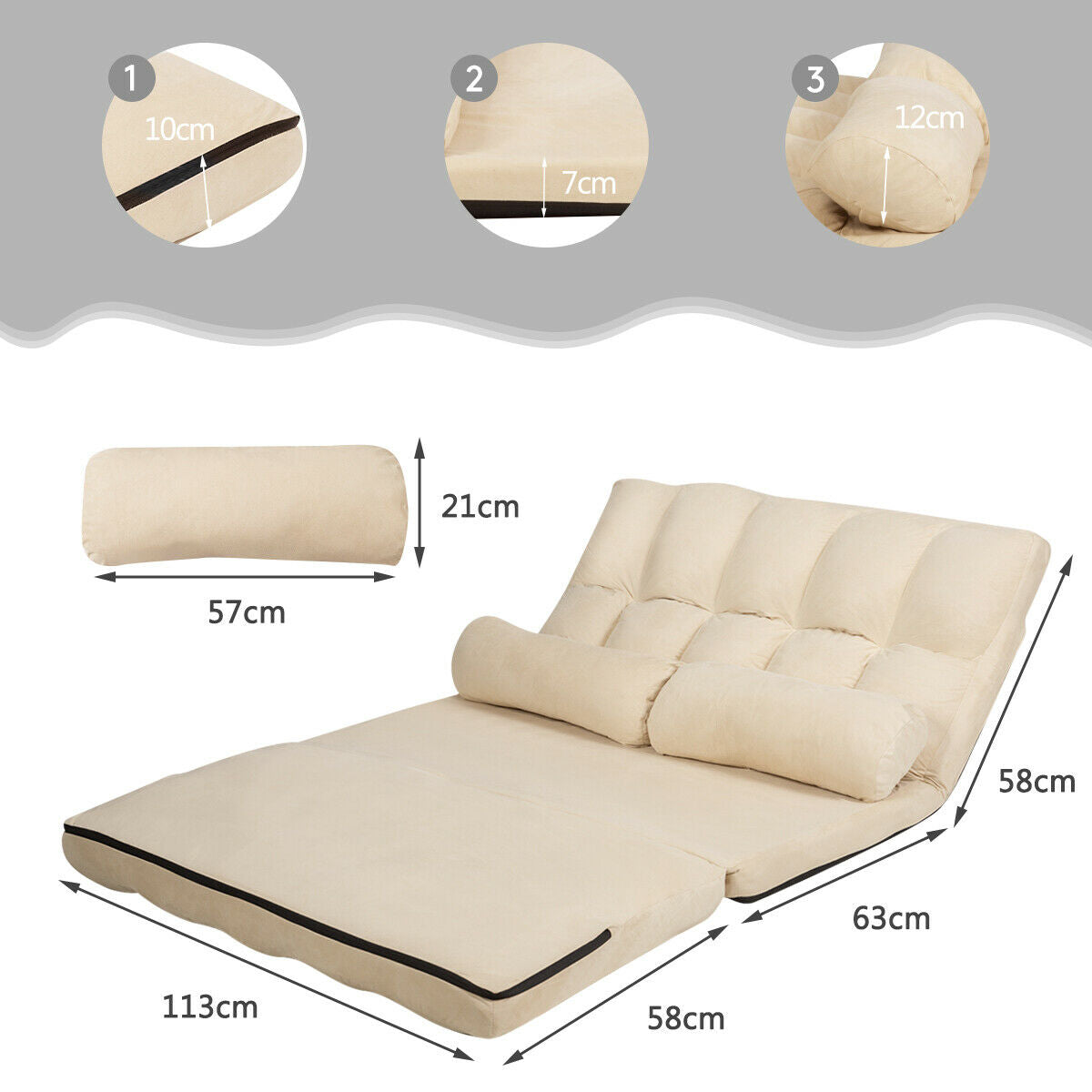 2 in 1 Folding Floor Lazy Sofa Bed with 6 Adjustable Seat Positions and 2 Pillows-Beige